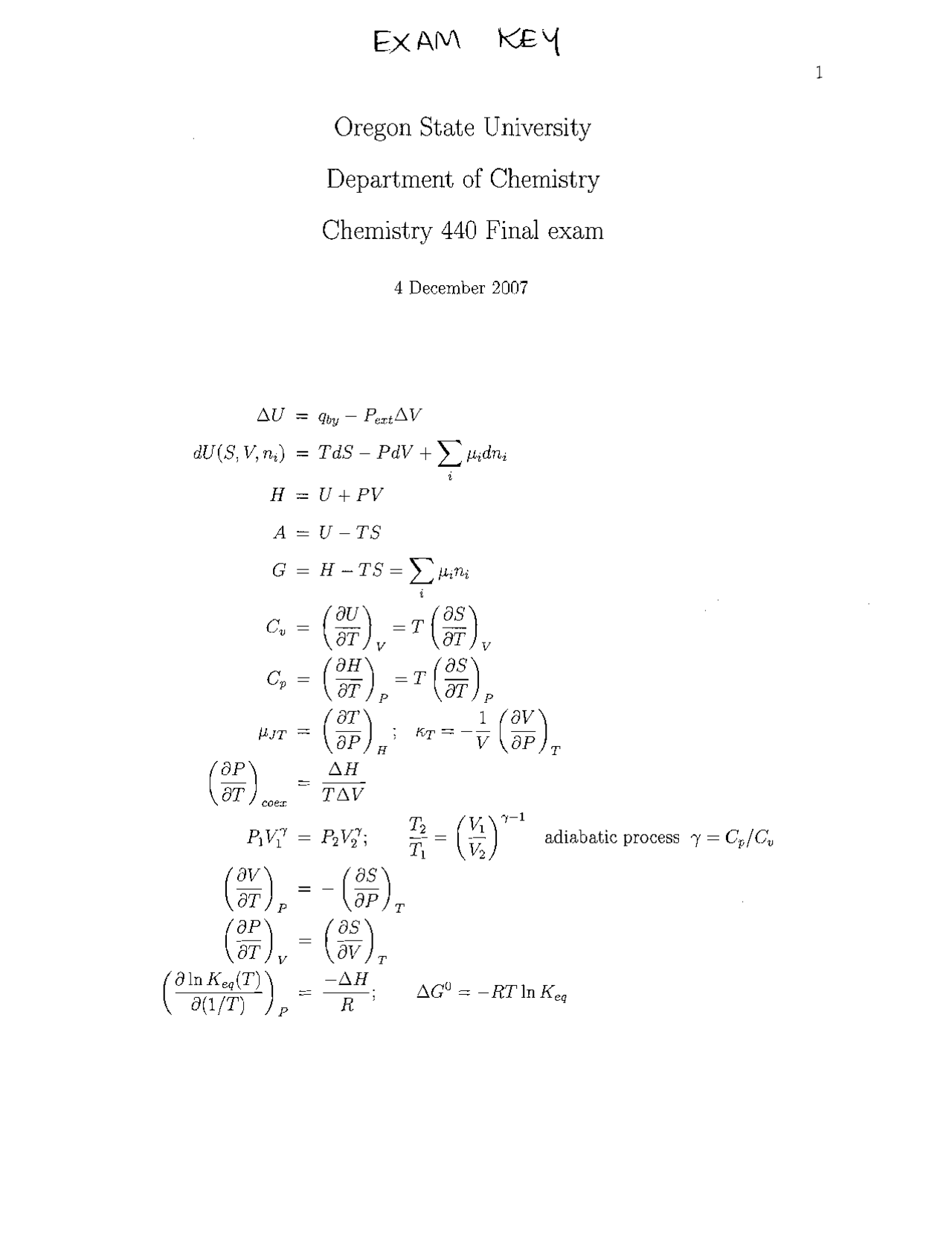 Final Exam with Answer Key - Physical Chemistry | CH 440 - Docsity
