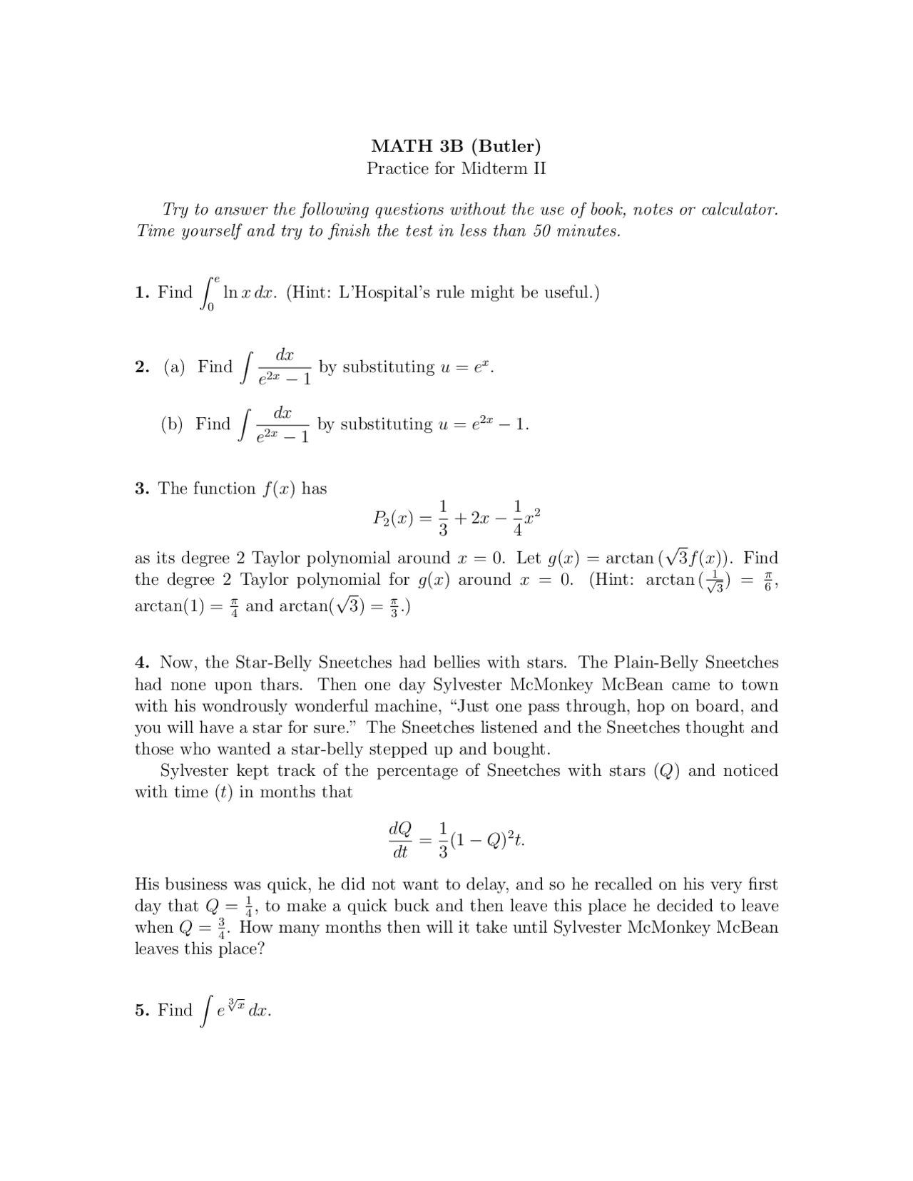 Practice for Midterm Exam II - Calculus for Life Science | MATH 3B ...