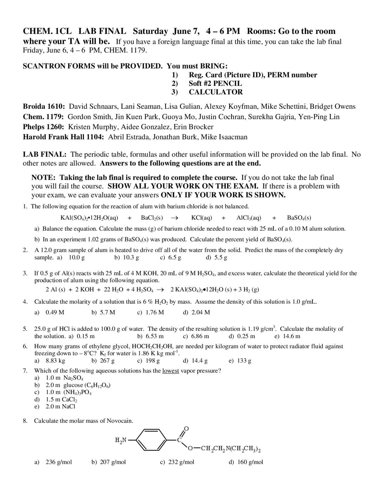 Final Lab for General Chemistry Laboratory | CHEM 1CL - Docsity