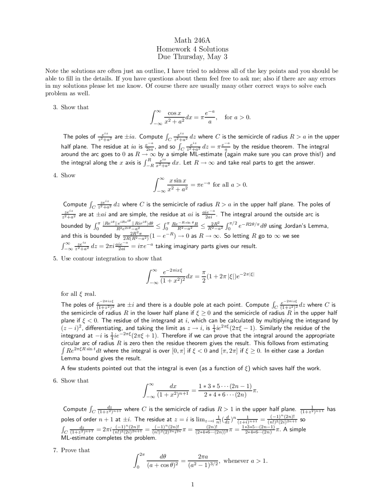 Complex Analysis - Homework 4 Solutions | MATH 246A - Docsity