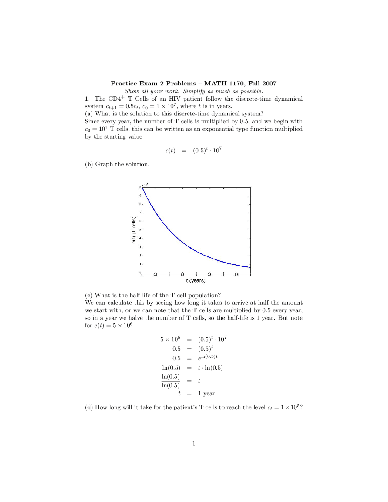 Practice Exam 2 Problems with Solution - Calculus Biology I | MATH 1170 ...
