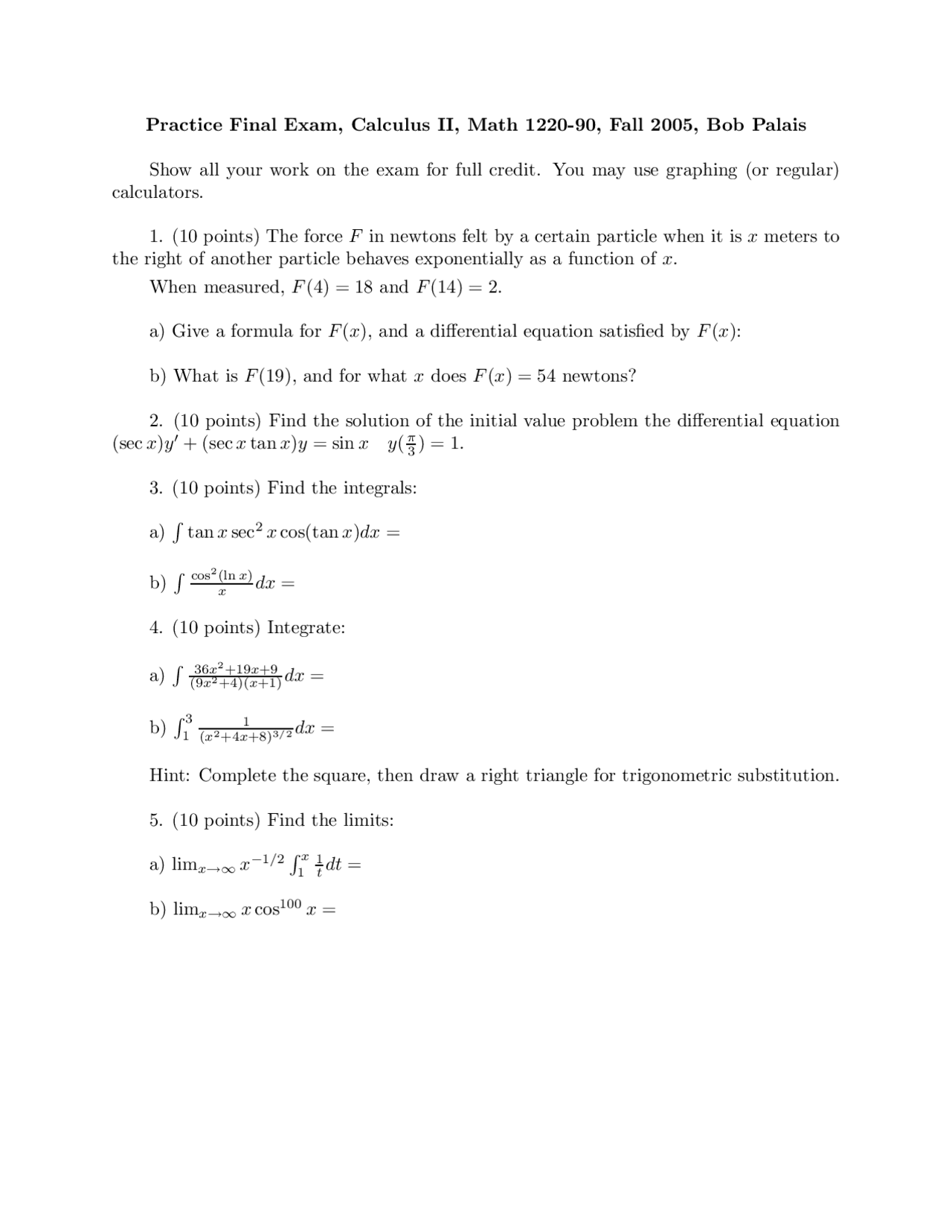 Practice Questions on Calculus II - Final Exam | MATH 1220 - Docsity