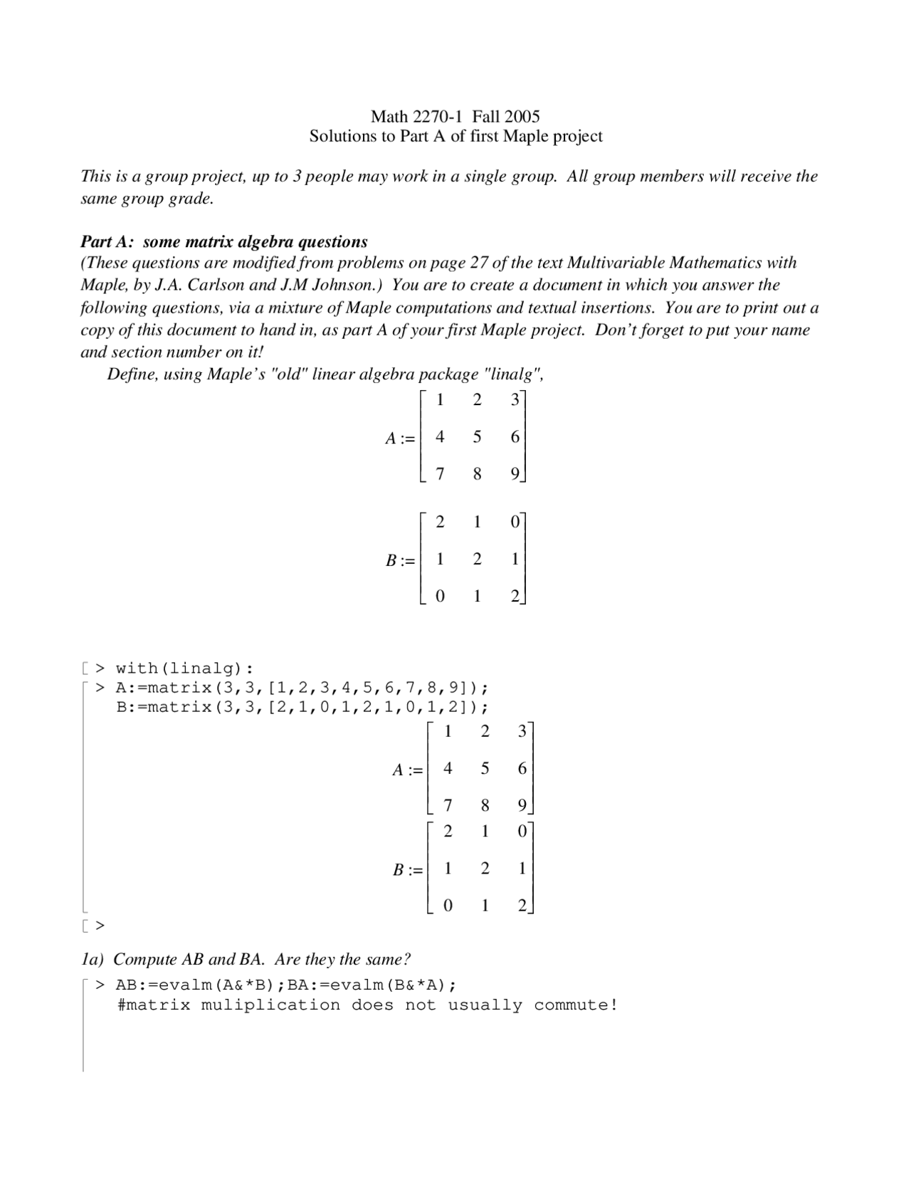Linear Algebra - Solutions to Project | MATH 2270 - Docsity