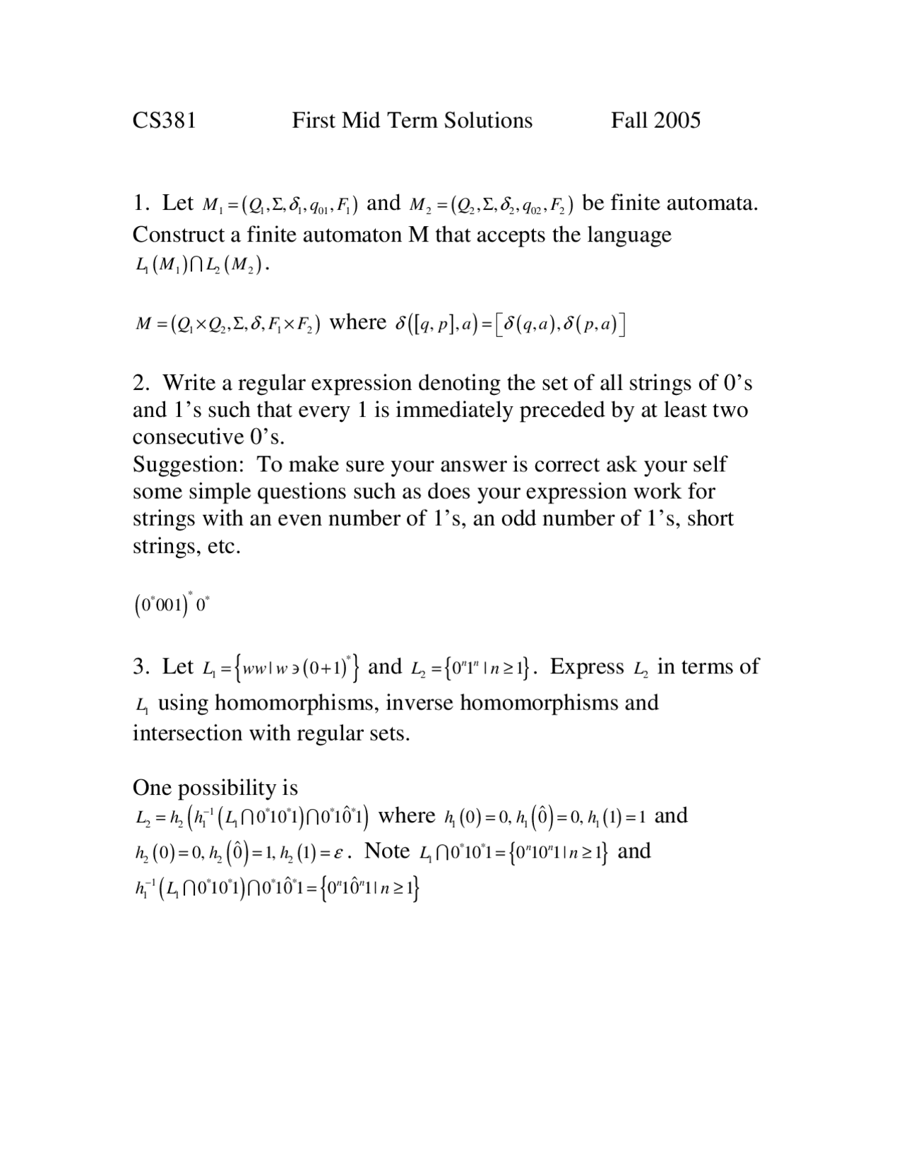 Computer Theory Example Problems 3 Solved Problems on Theory of Computing - Midterm Exam | CS 3810 - Docsity
