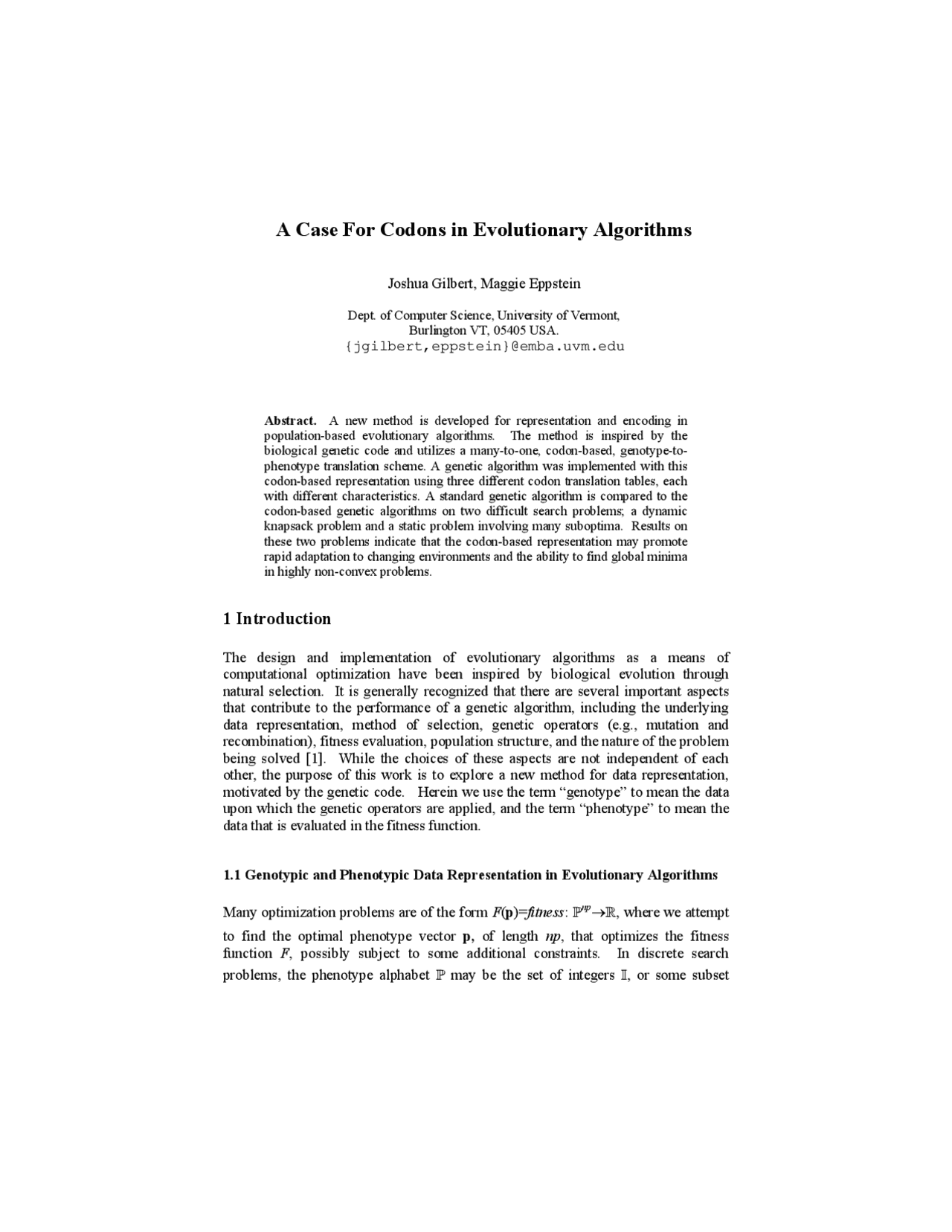 A Case for Codons in Evolutionary Algorithms - Paper | THE 200 - Docsity