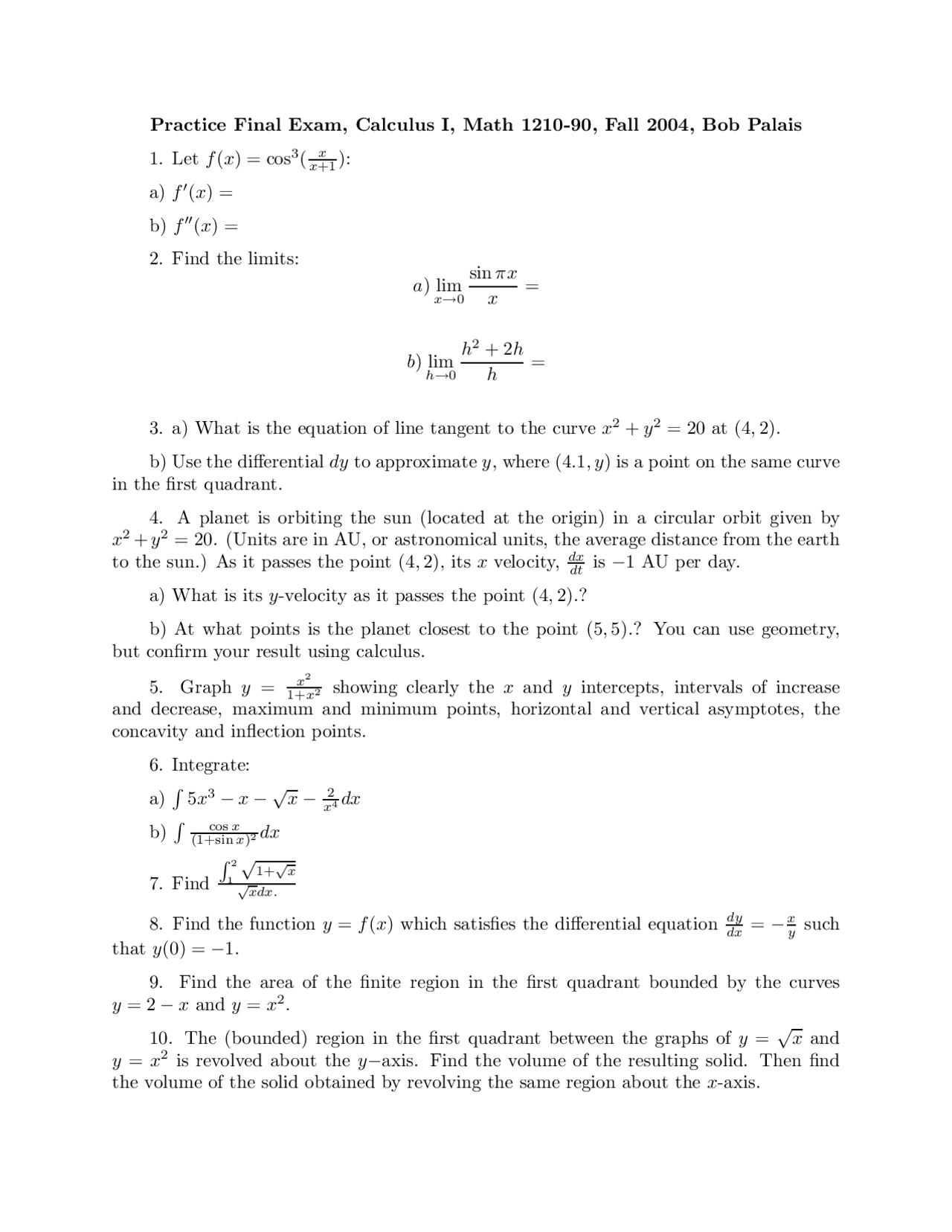 Practice for Final Examination - Calculus I - Fall 2004 | MATH 1210 ...