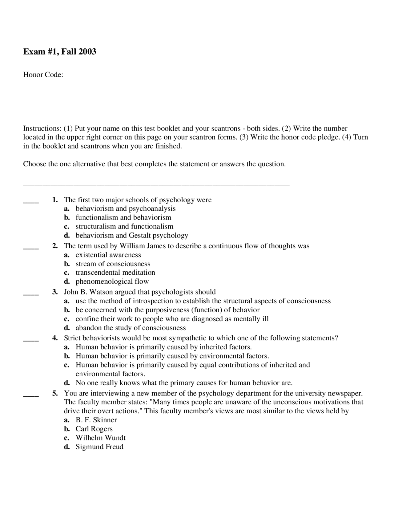 Exam 1 with Answer Key | Introduction to Psychology | PSYC 101 - Docsity