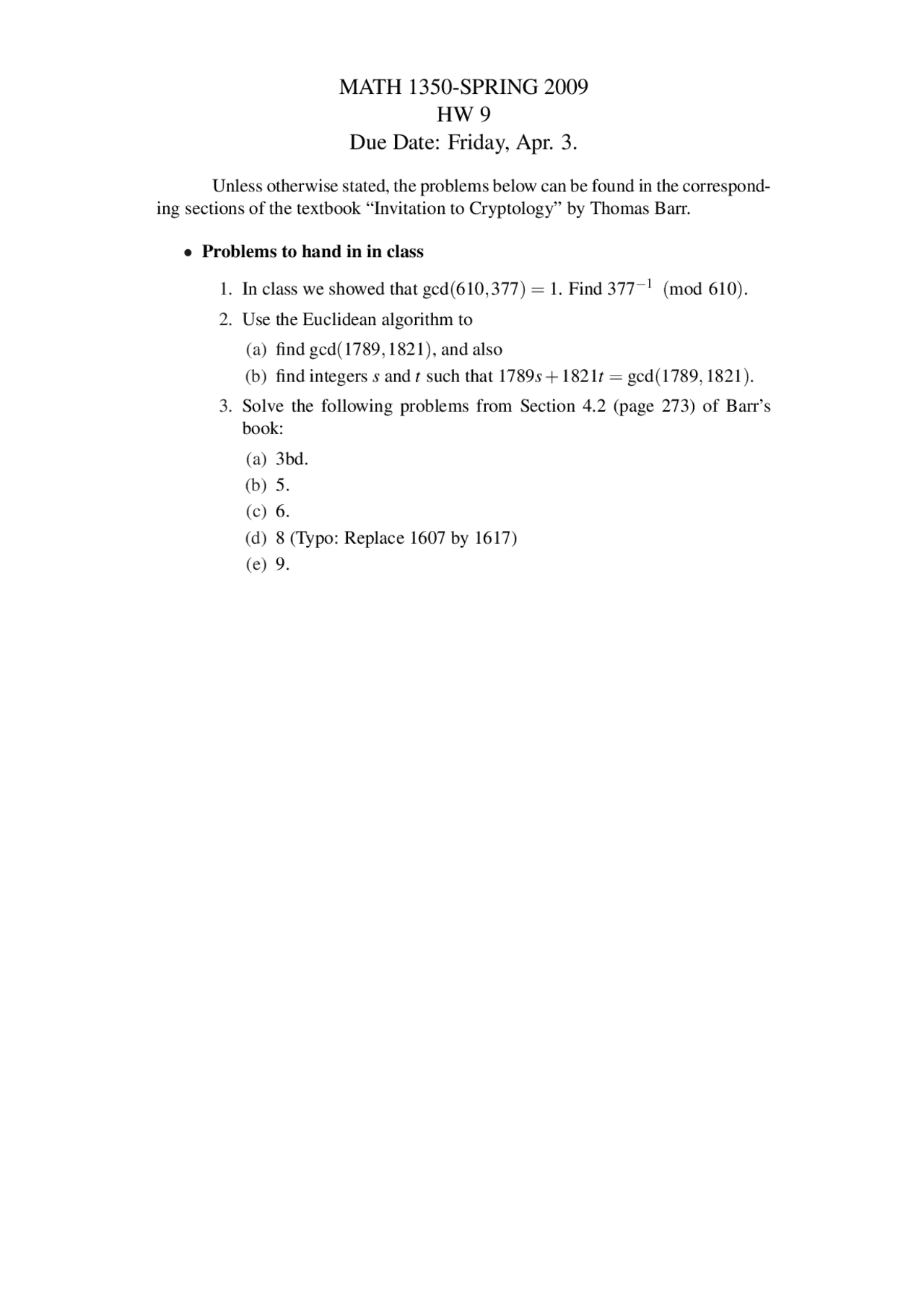 Homework 9 Practice Problems on The Art of Secret Writing | MATH 1350 ...