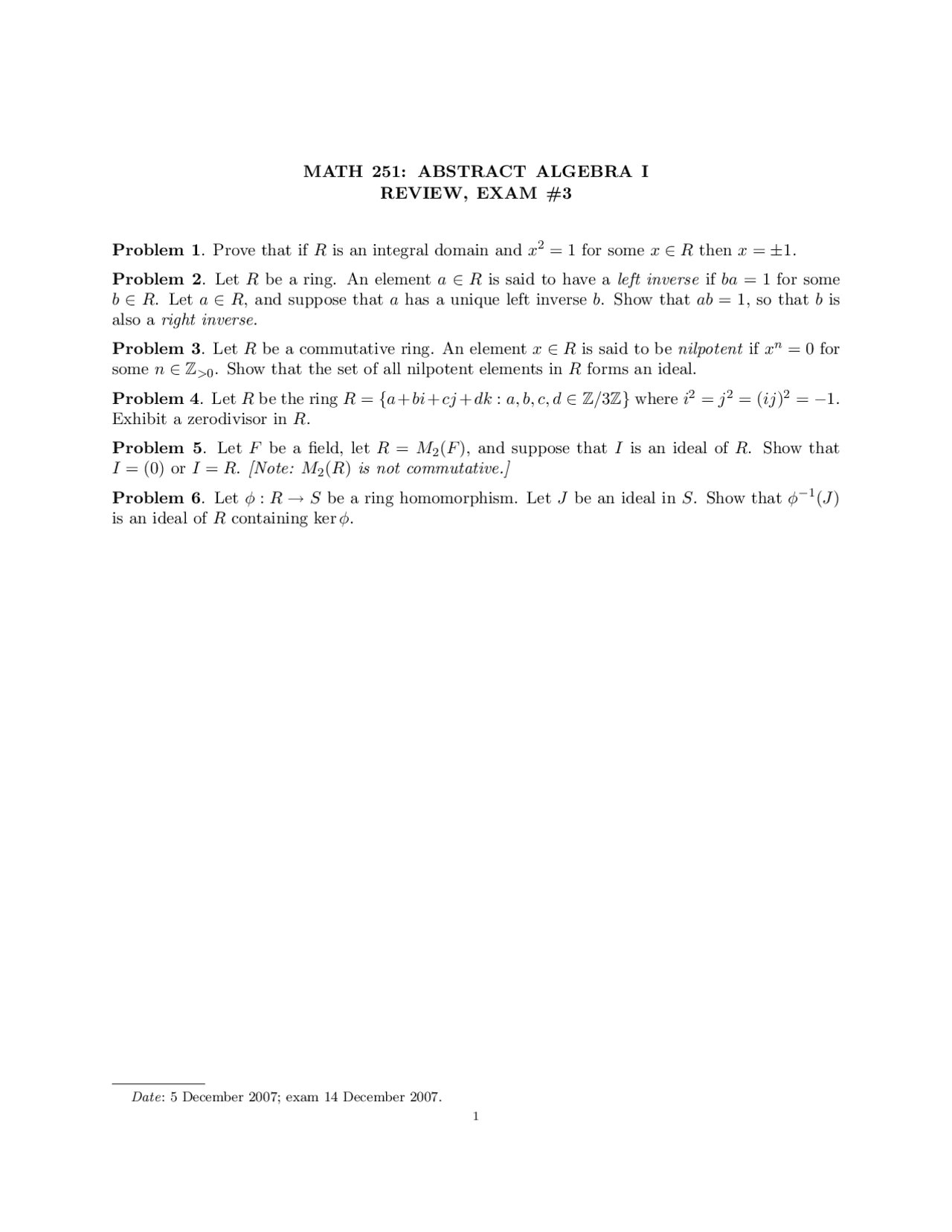 Exam 3 Review Problems - Abstract Algebra I | MATH 251 - Docsity