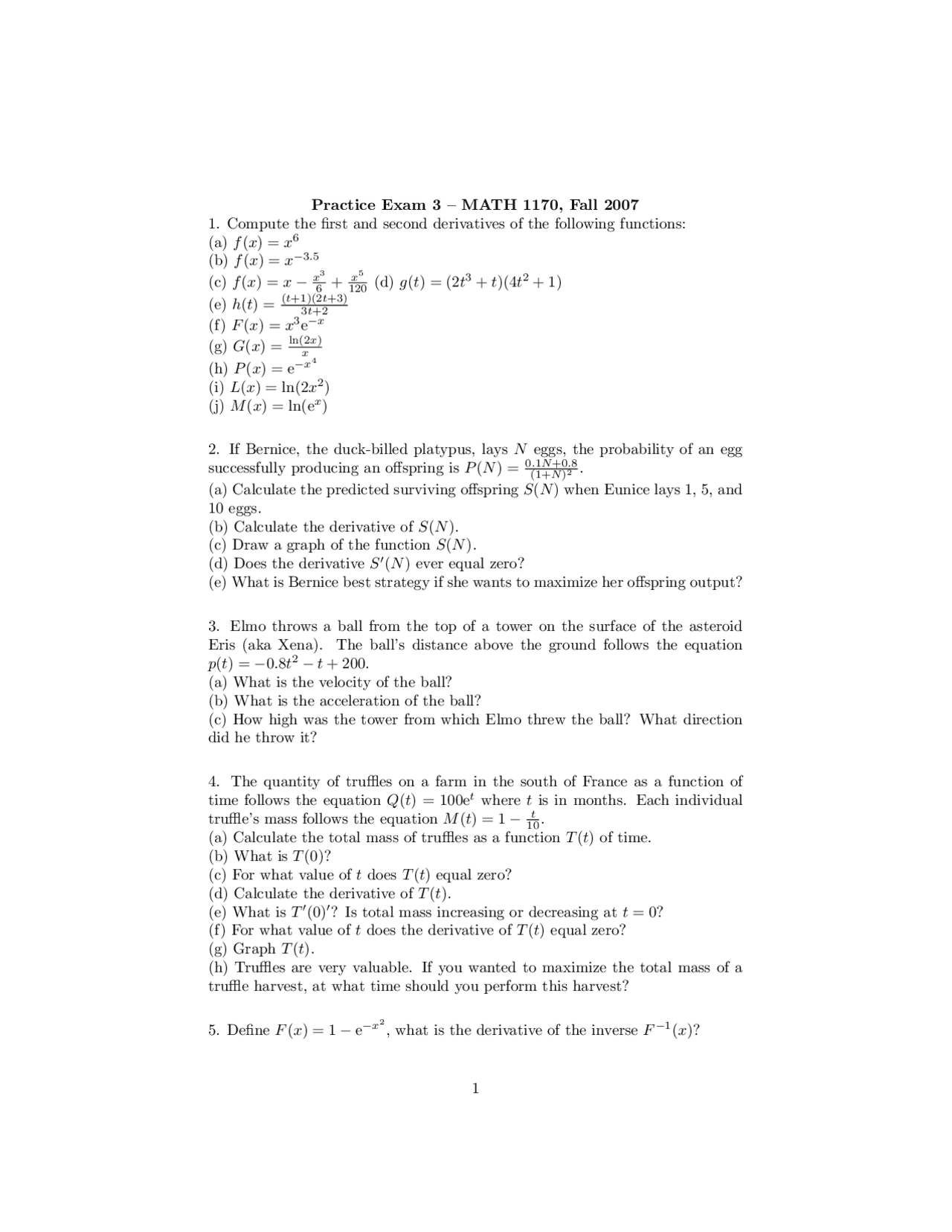 Practice Exam 3 - Calculus Biology I | MATH 1170 - Docsity