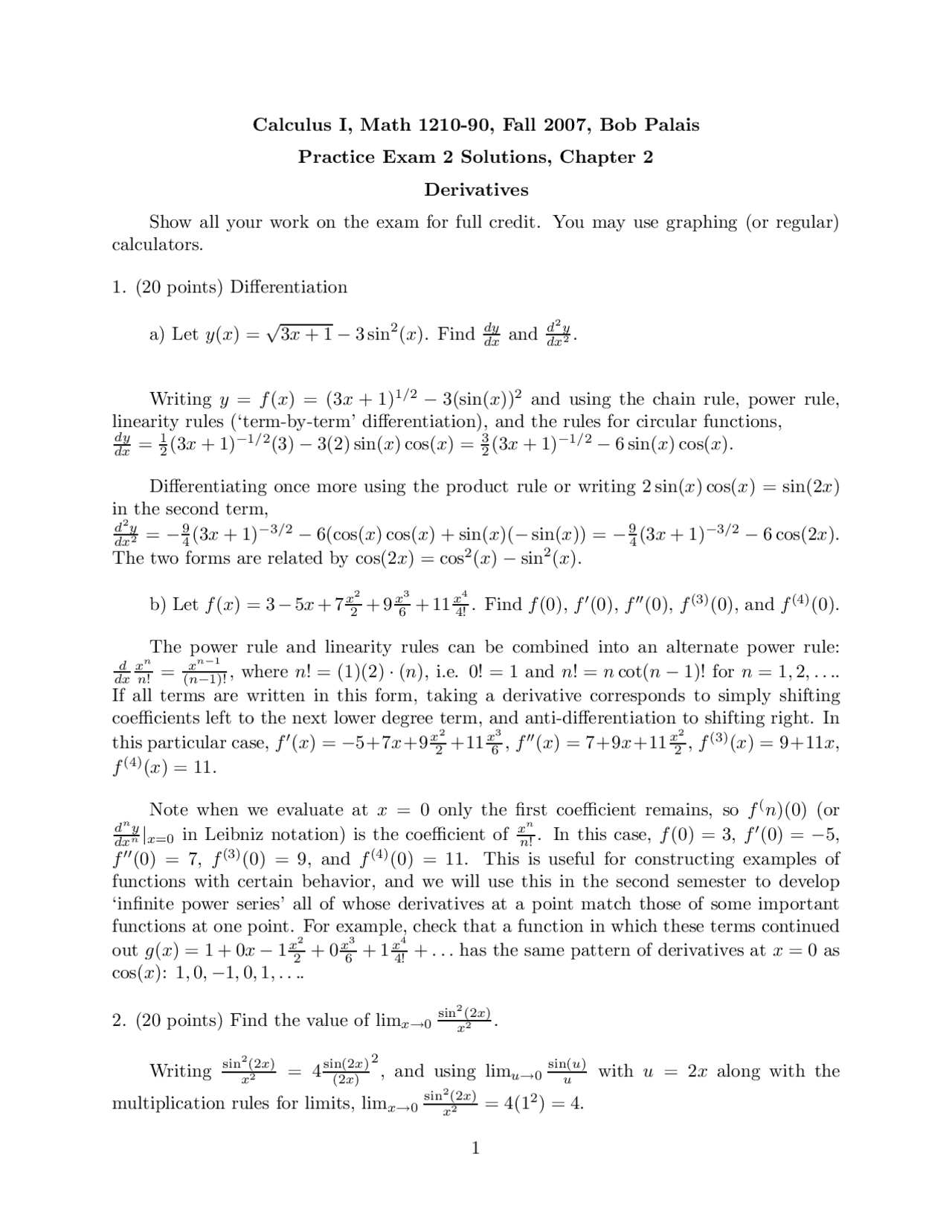 Practice Exam 2 Solutions - Calculus I - Fall 2007 | MATH 1210 - Docsity