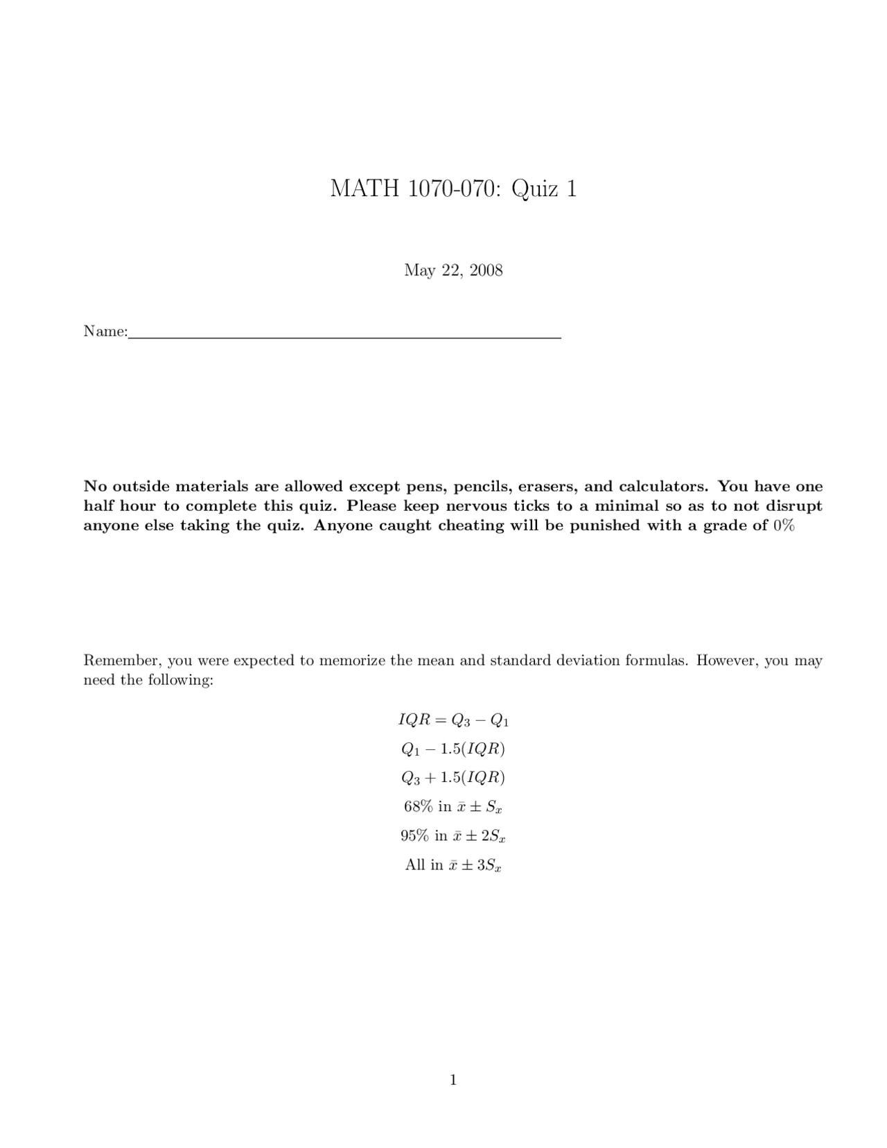 Math 070 Example Question Quiz 1 for MATH 1070-070: Calculating Mean, Standard Deviation, and ...