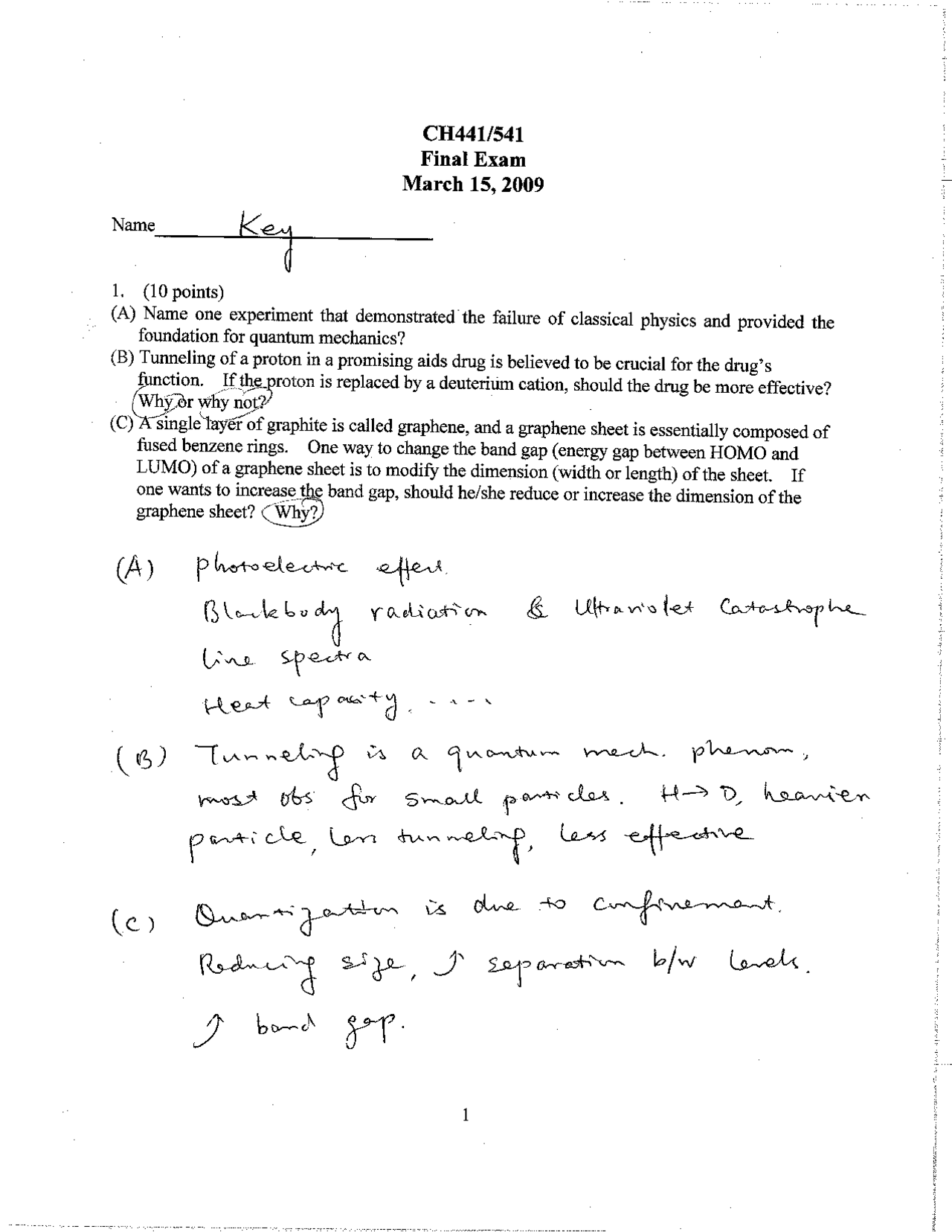 Final Exam with Answer Key - Physical Chemistry | CH 440 - Docsity
