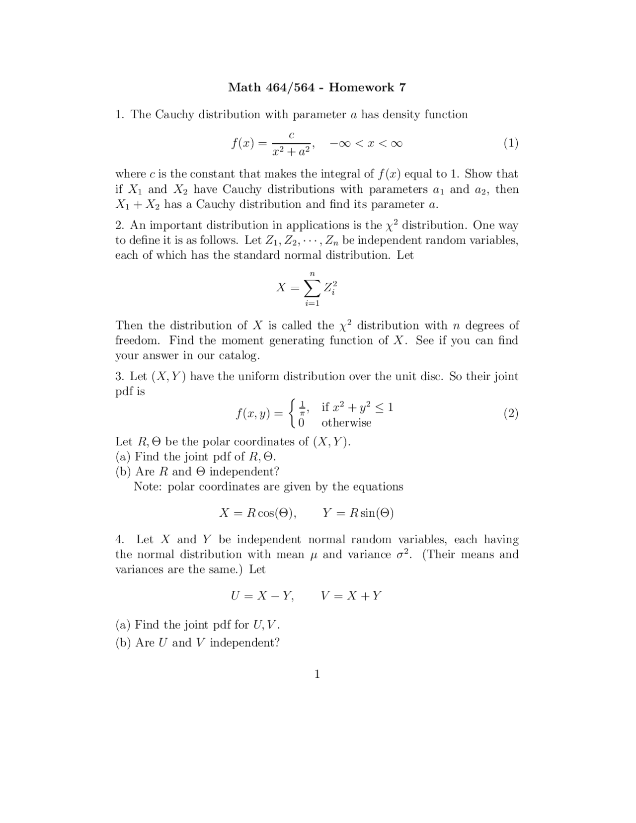 Theory of Probability - Homework 7 Questions | MATH 464 - Docsity