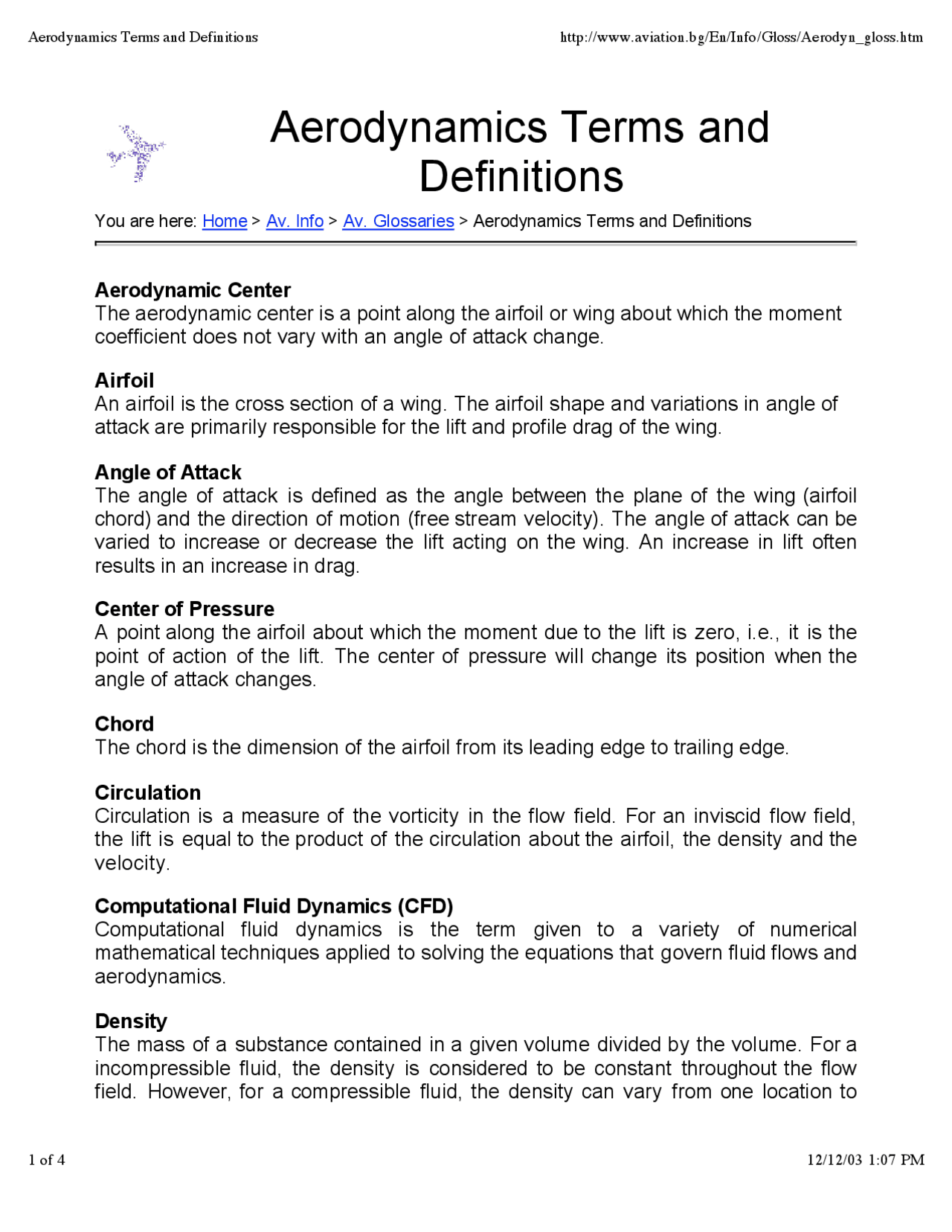 Aerodynamics Terms and Definitions - Lecture Notes | MECH 594 - Docsity