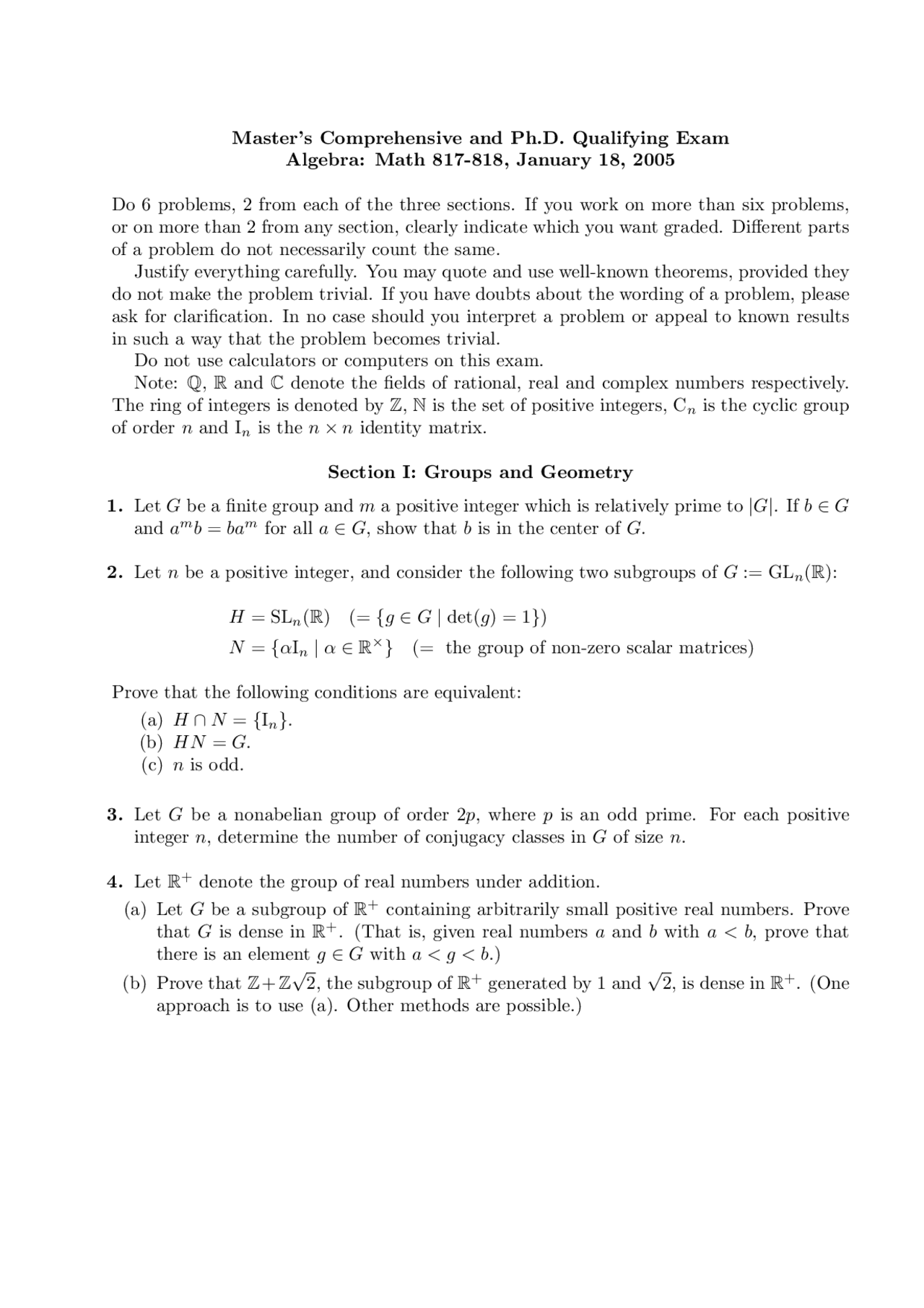 Master's Comprehensive and Ph.D. Qualifying Exam for Algebra I | MATH ...