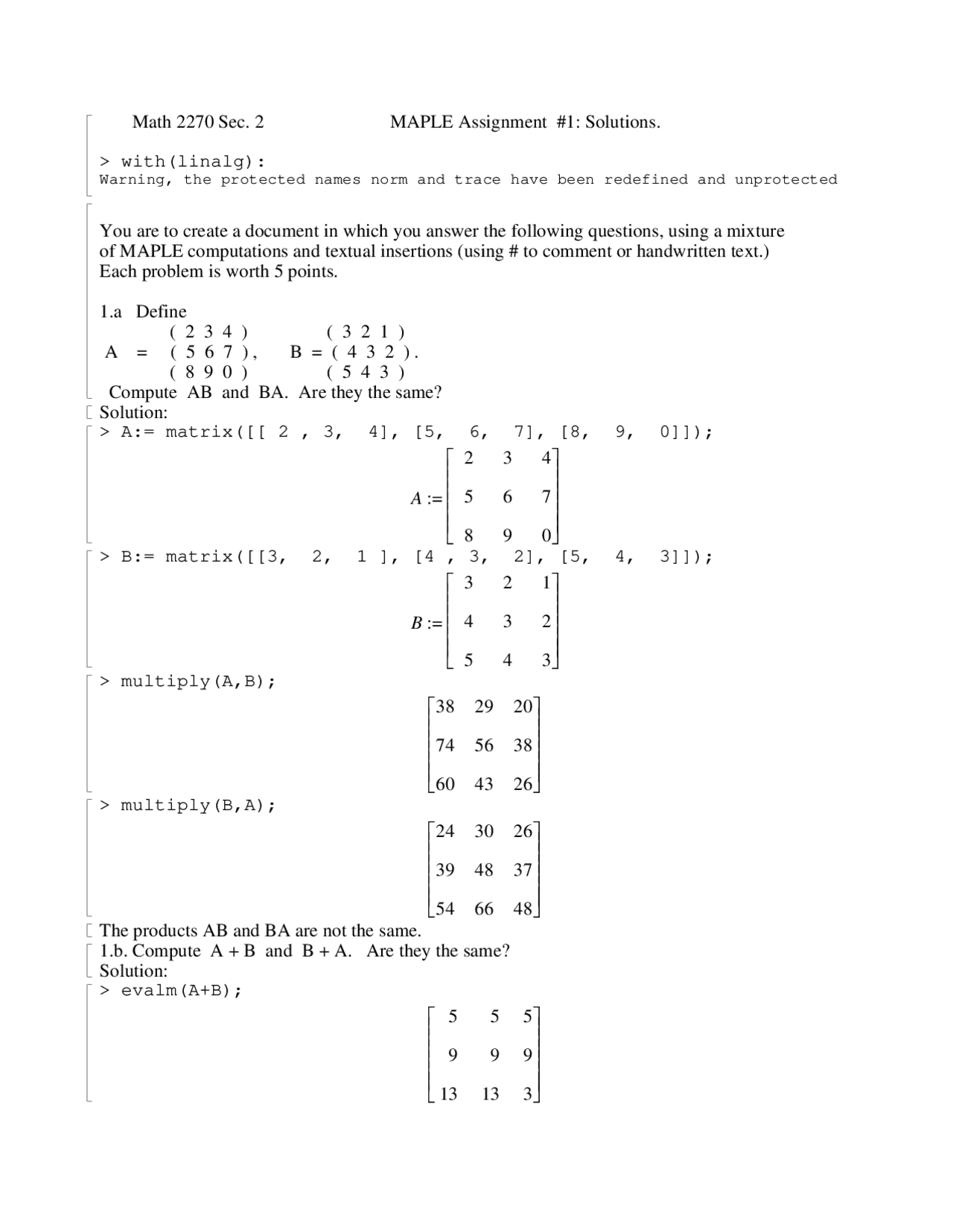 Maple Assignment 1 with Solutions - Linear Algebra | MATH 2270 - Docsity