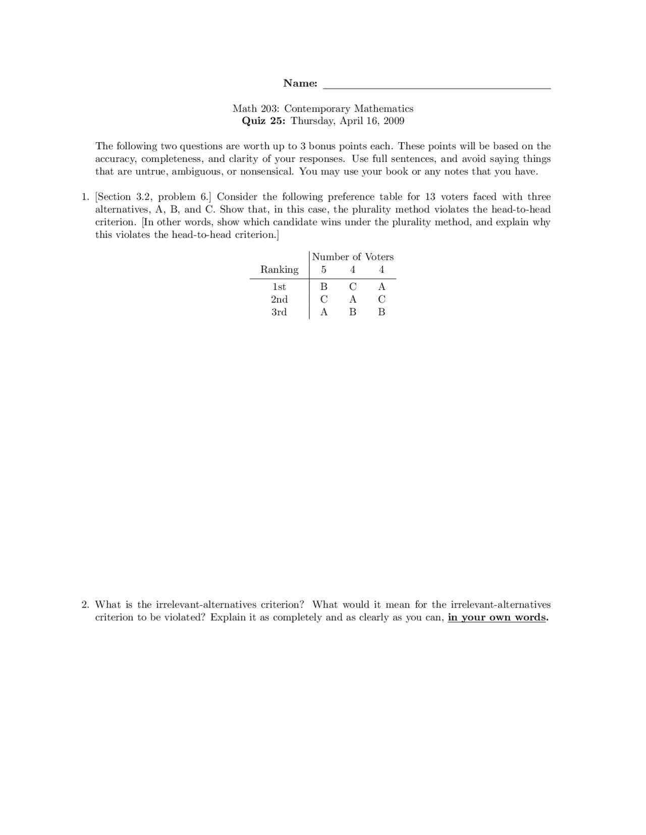 Quiz 25 Practice Problems - Contemporary Mathematics | MATH 203 - Docsity
