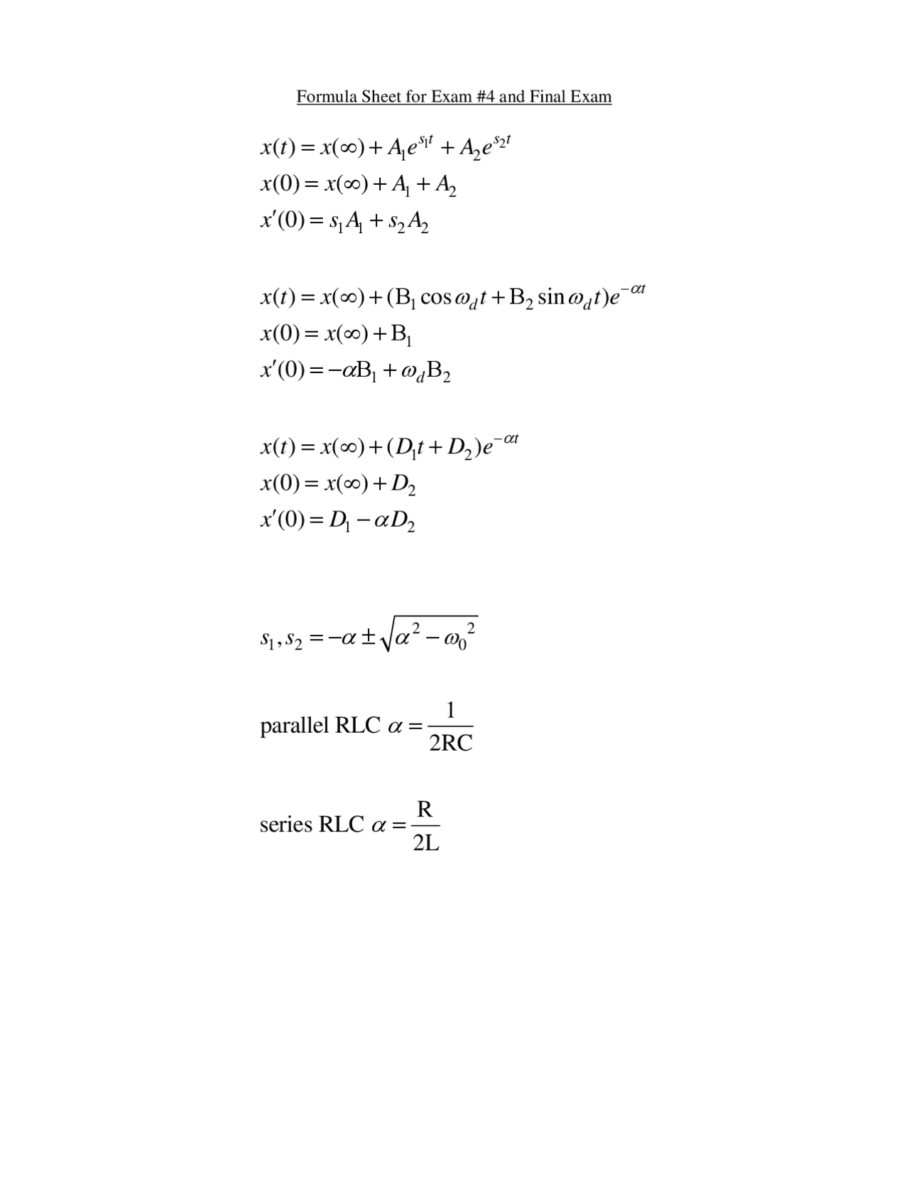 Formula Sheet for Exam 4 and Final Exam - Basic Circuits | ECE 220 ...