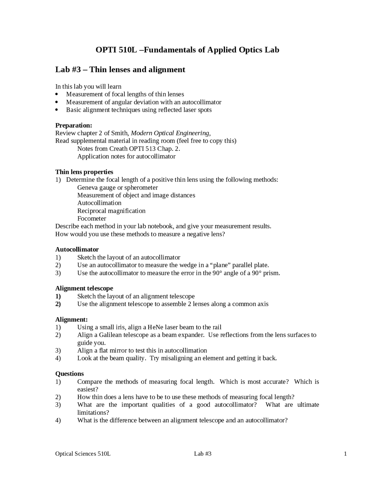 Lab 3 - Thin Lenses and Alignment | OPTI 510L - Docsity