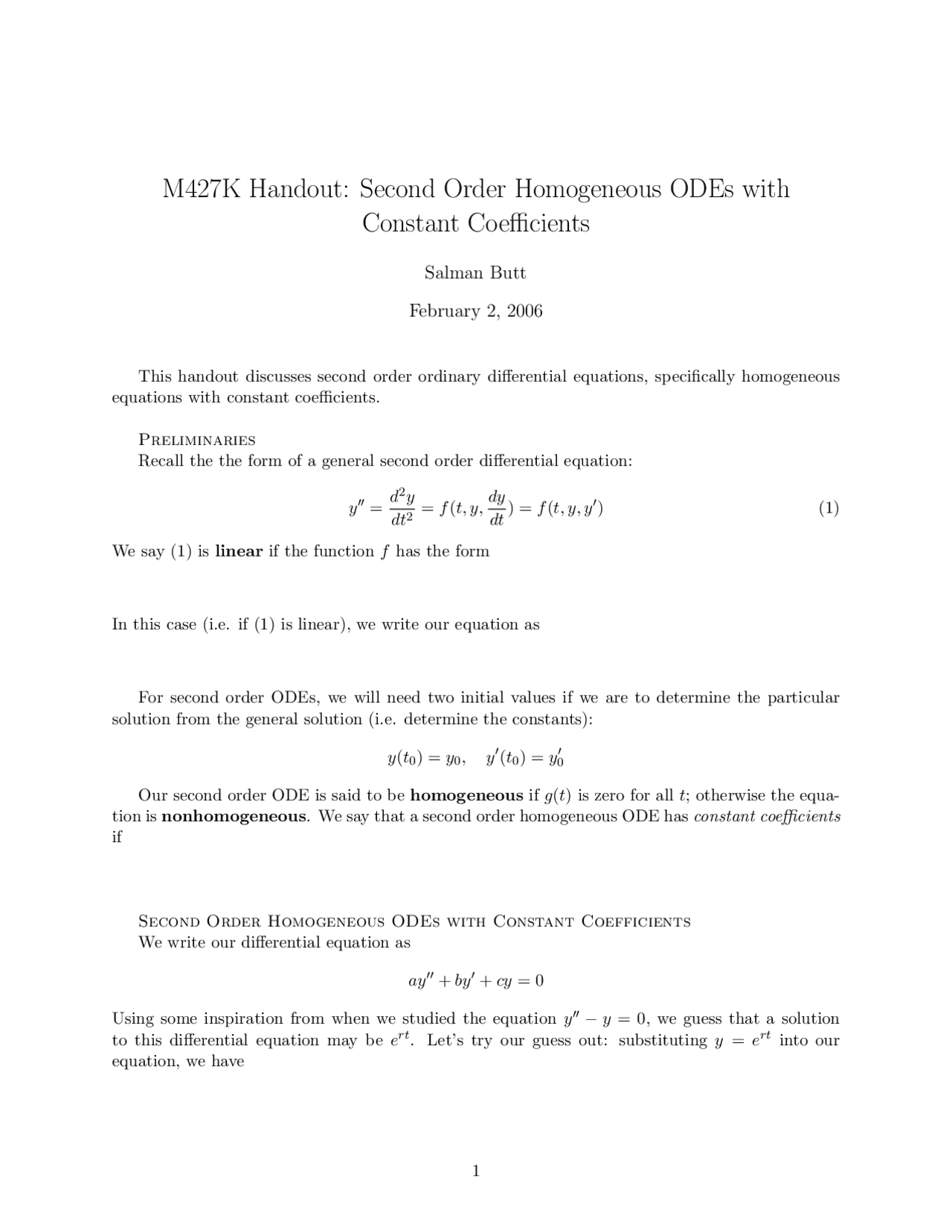 Second Order Homogeneous ODEs with Constant Coefficients | M 427K - Docsity
