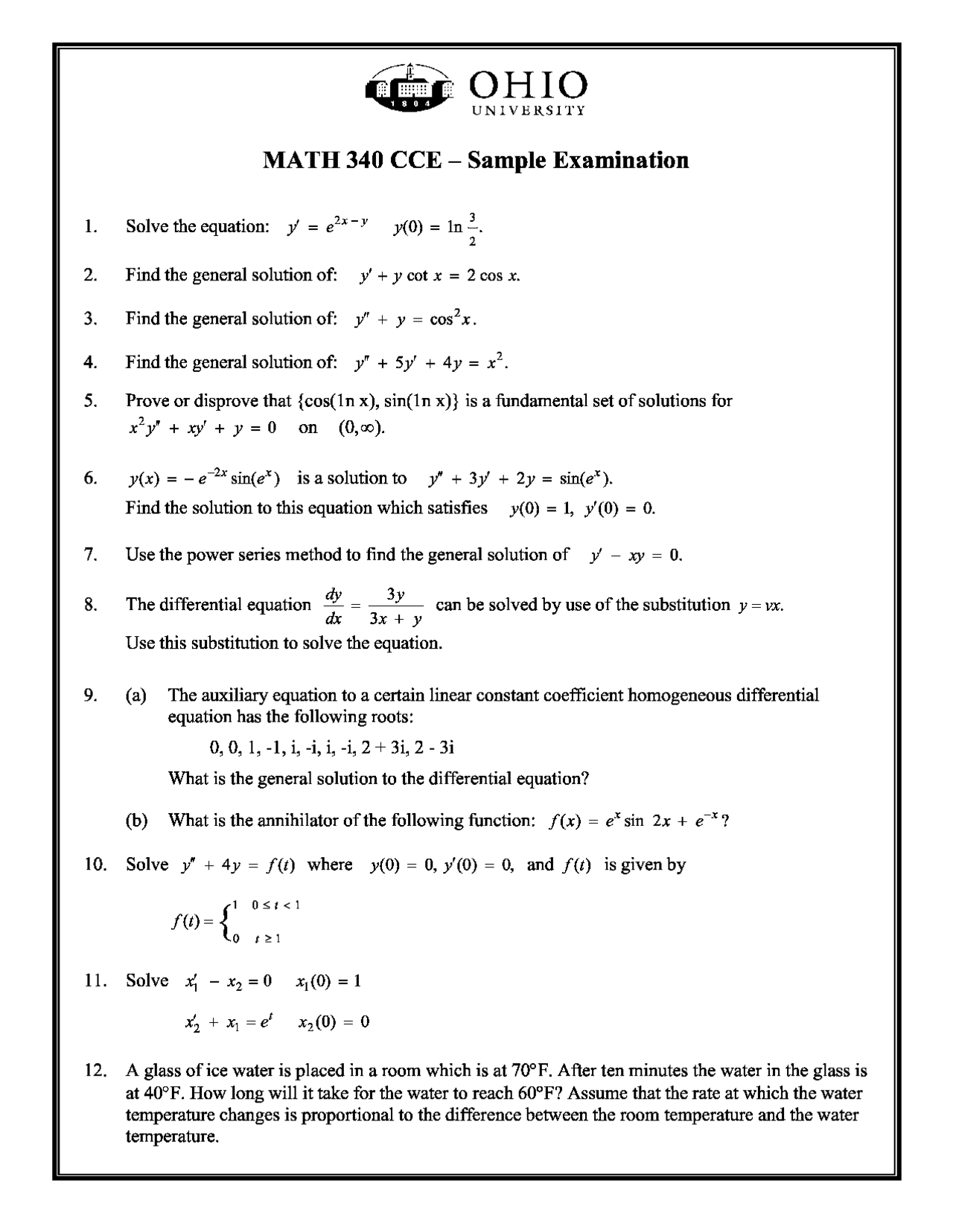 Solutions for Sample Exam - Differential Equations | MATH 340 - Docsity