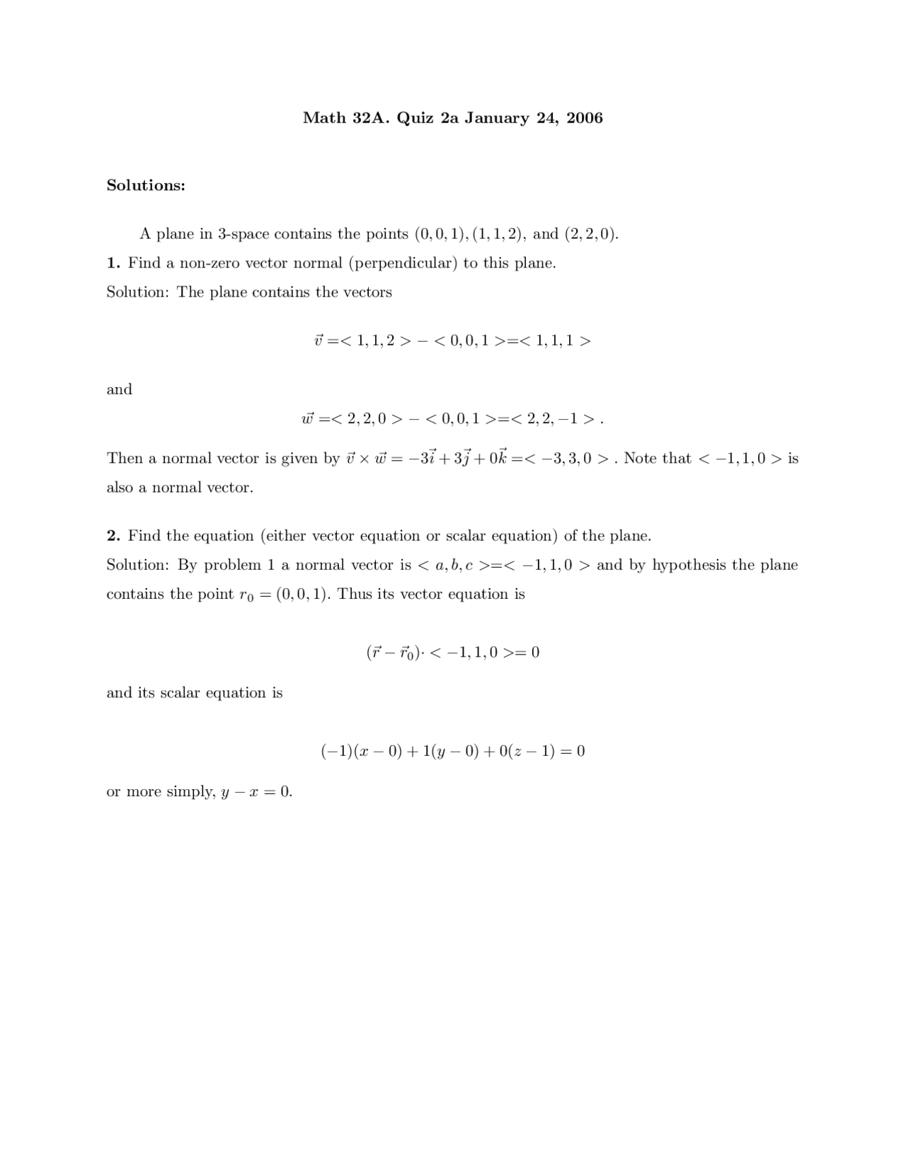 Calculus of Several Variables - Quiz 2 | MATH 32A - Docsity