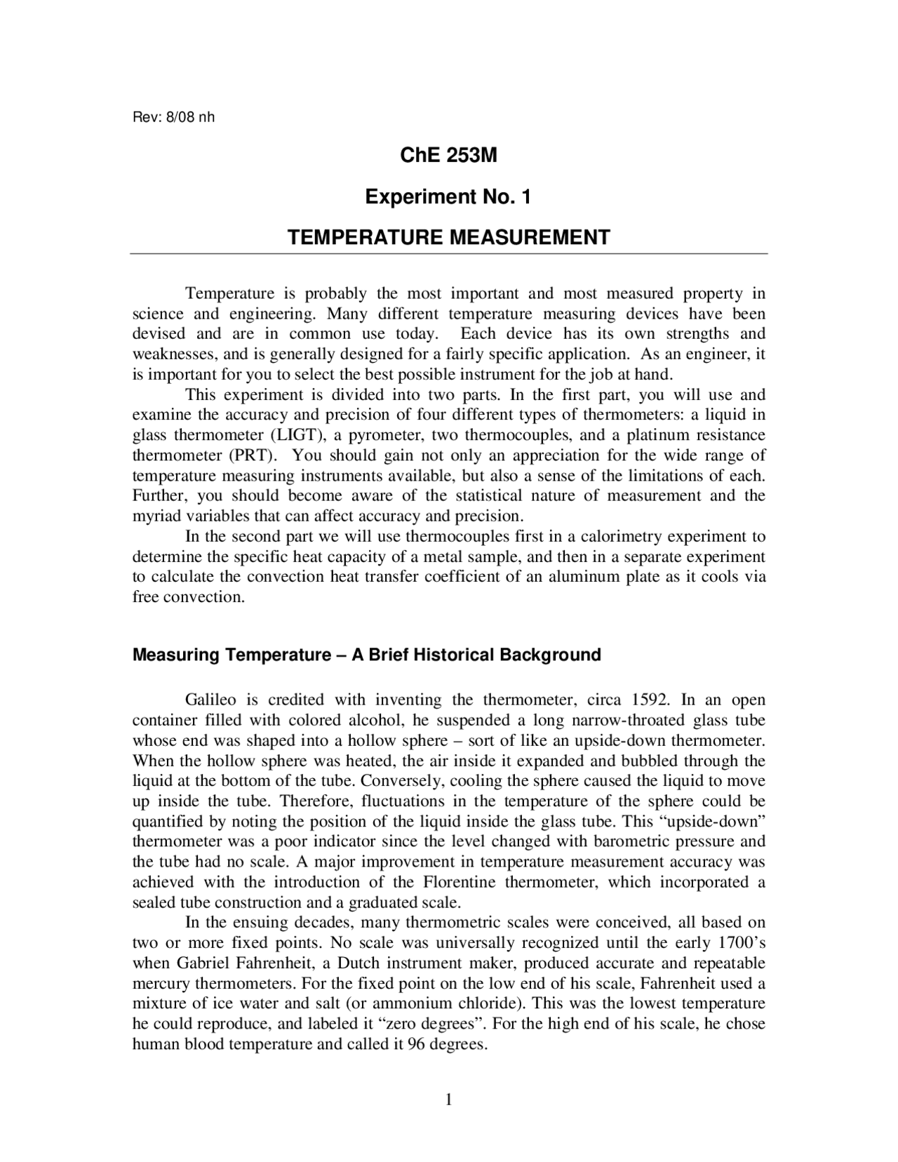 Temperature Measurement - Experiment 1 | CHE 253M - Docsity