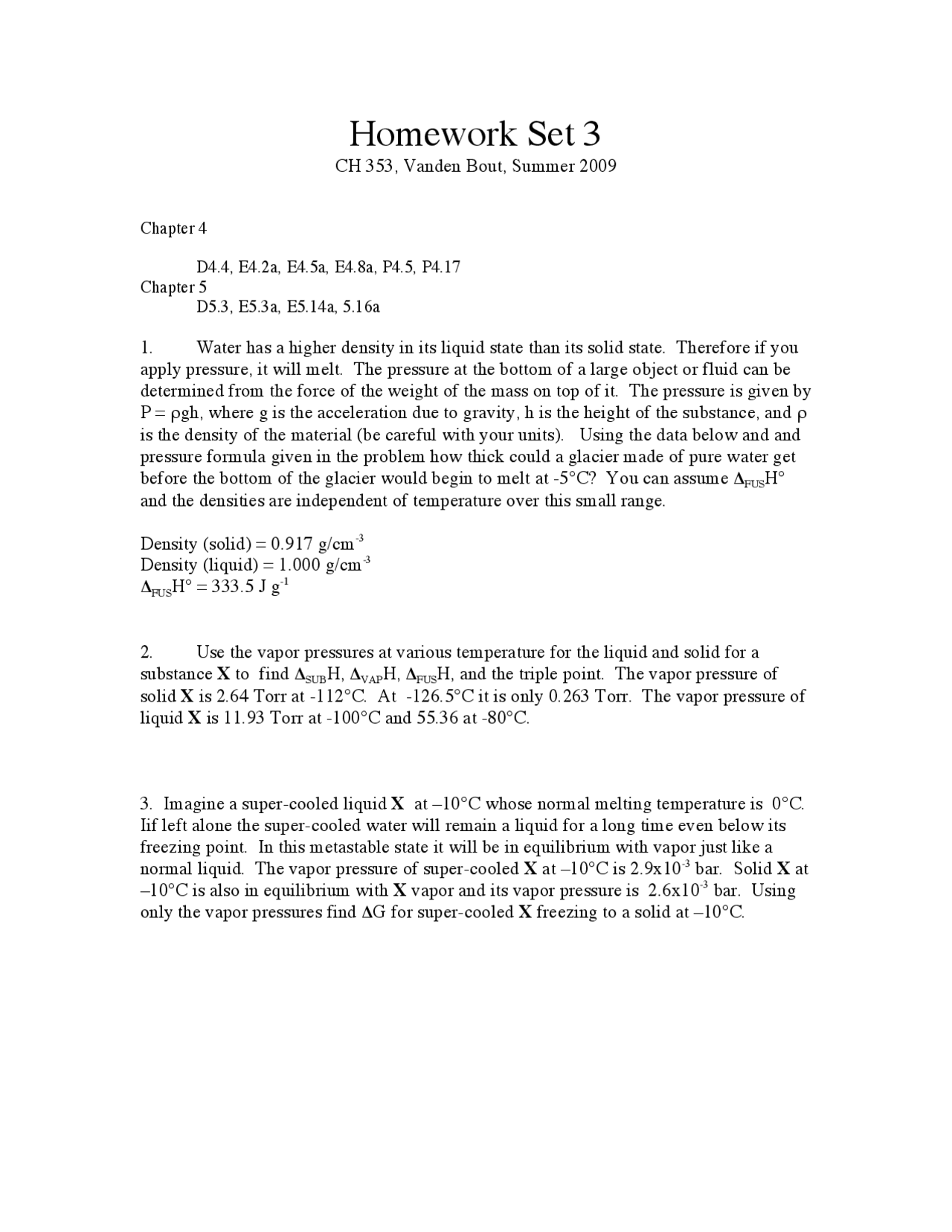 4 Questions for Homework Set 3 - Physical Chemistry | CH 353 - Docsity