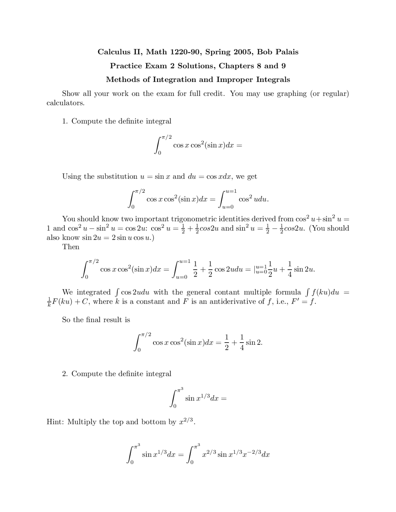 Solutions to Exam 2 - Calculus II | MATH 1220 - Docsity