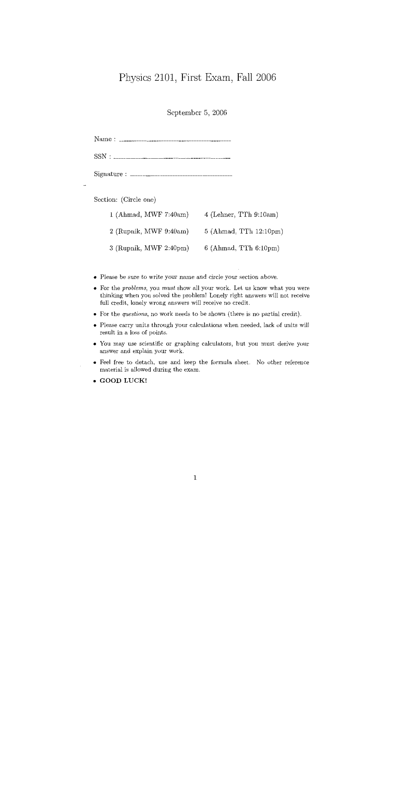 Exam 1 with Solutions | General Physics for Technical Students | PHYS ...