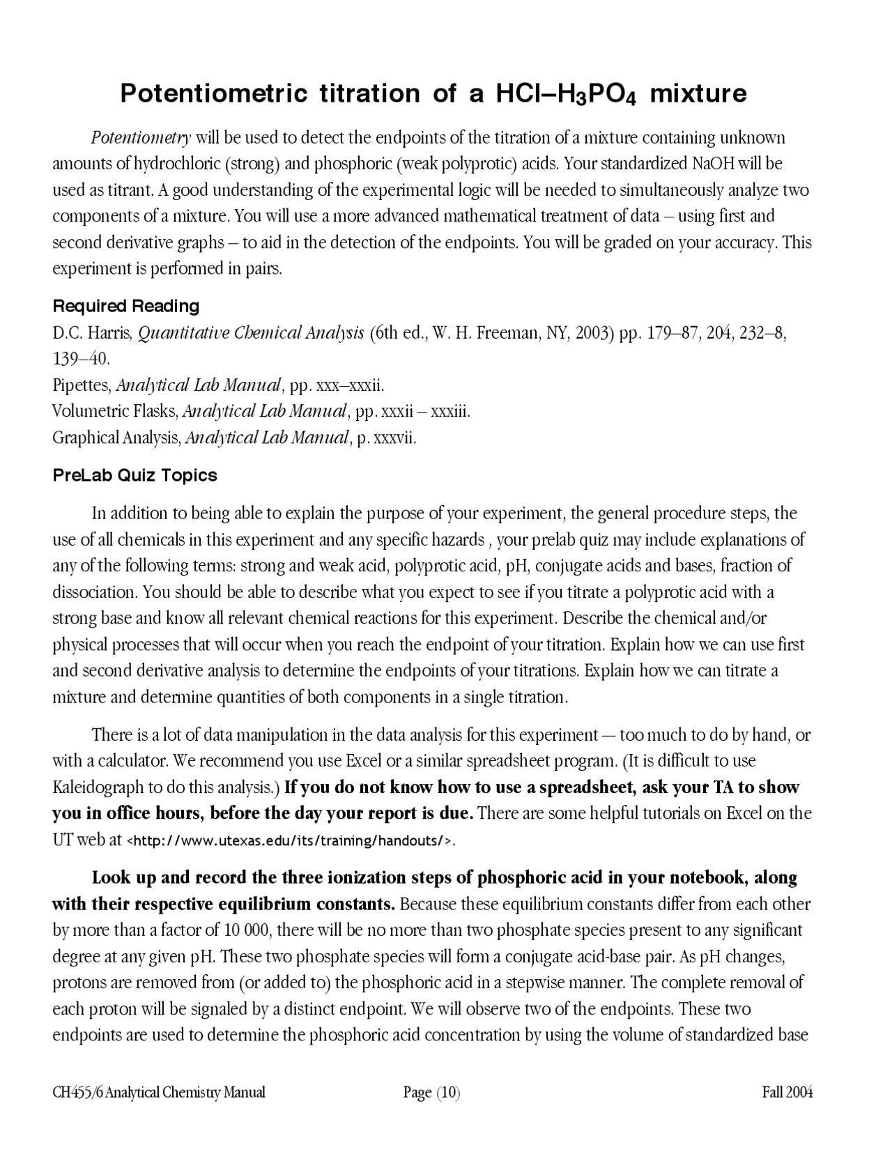 Potentiometric Titration of a HClH3PO4 Mixture CH 455 Docsity