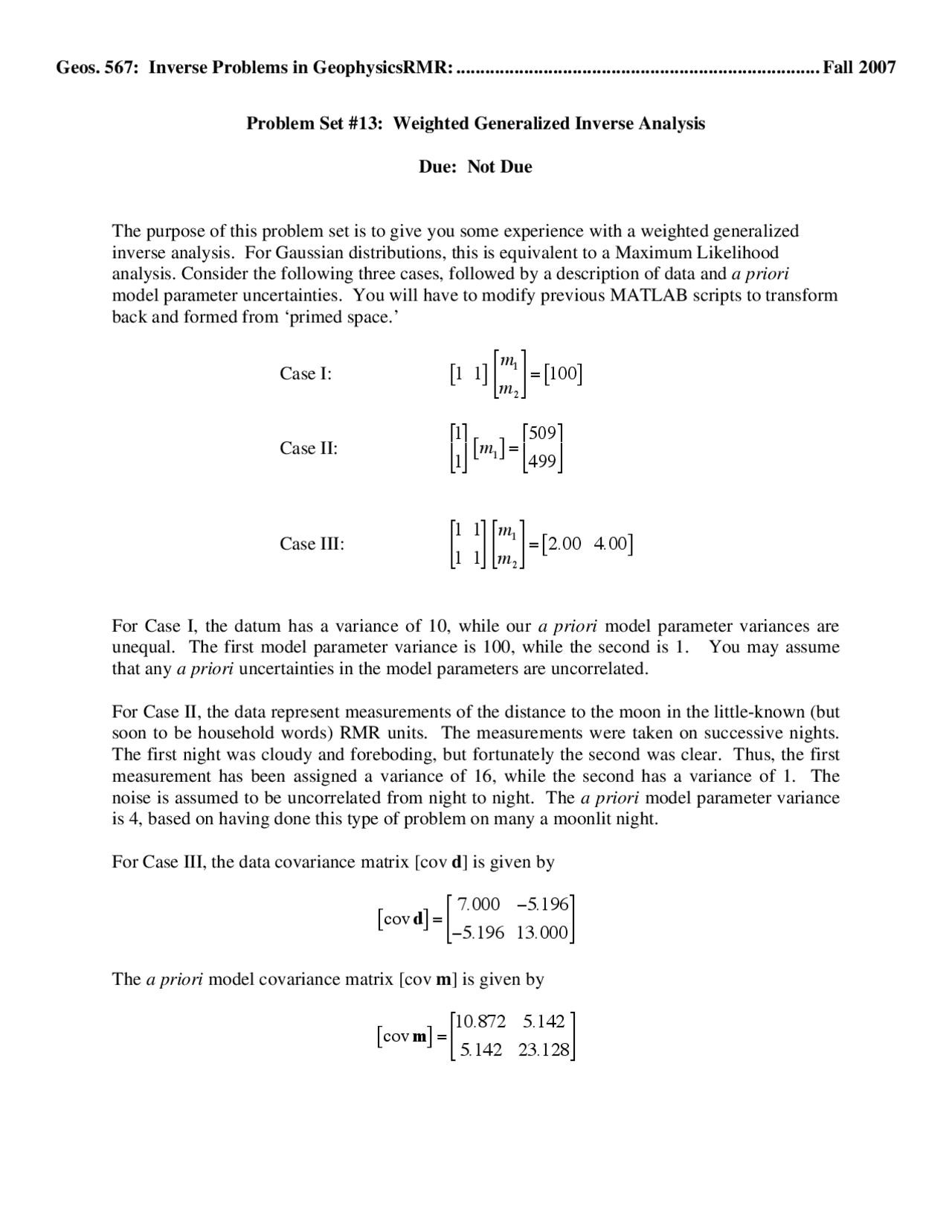 Problem Set 13: Weighted Generalized Inverse Analysis in Geophysics ...