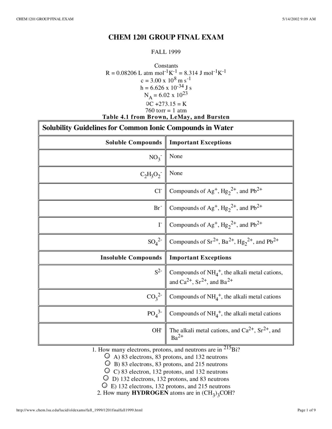 Group Final Exam - General Chemistry I | CHEM 1201 - Docsity