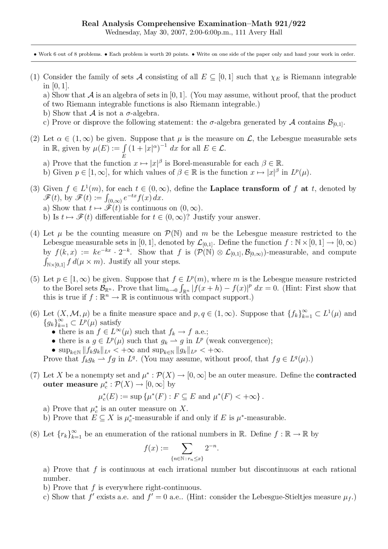 Practice Exam For Real Analysis I Math 921 Docsity Practice Exam For Real Analysis I Math 921 Docsity