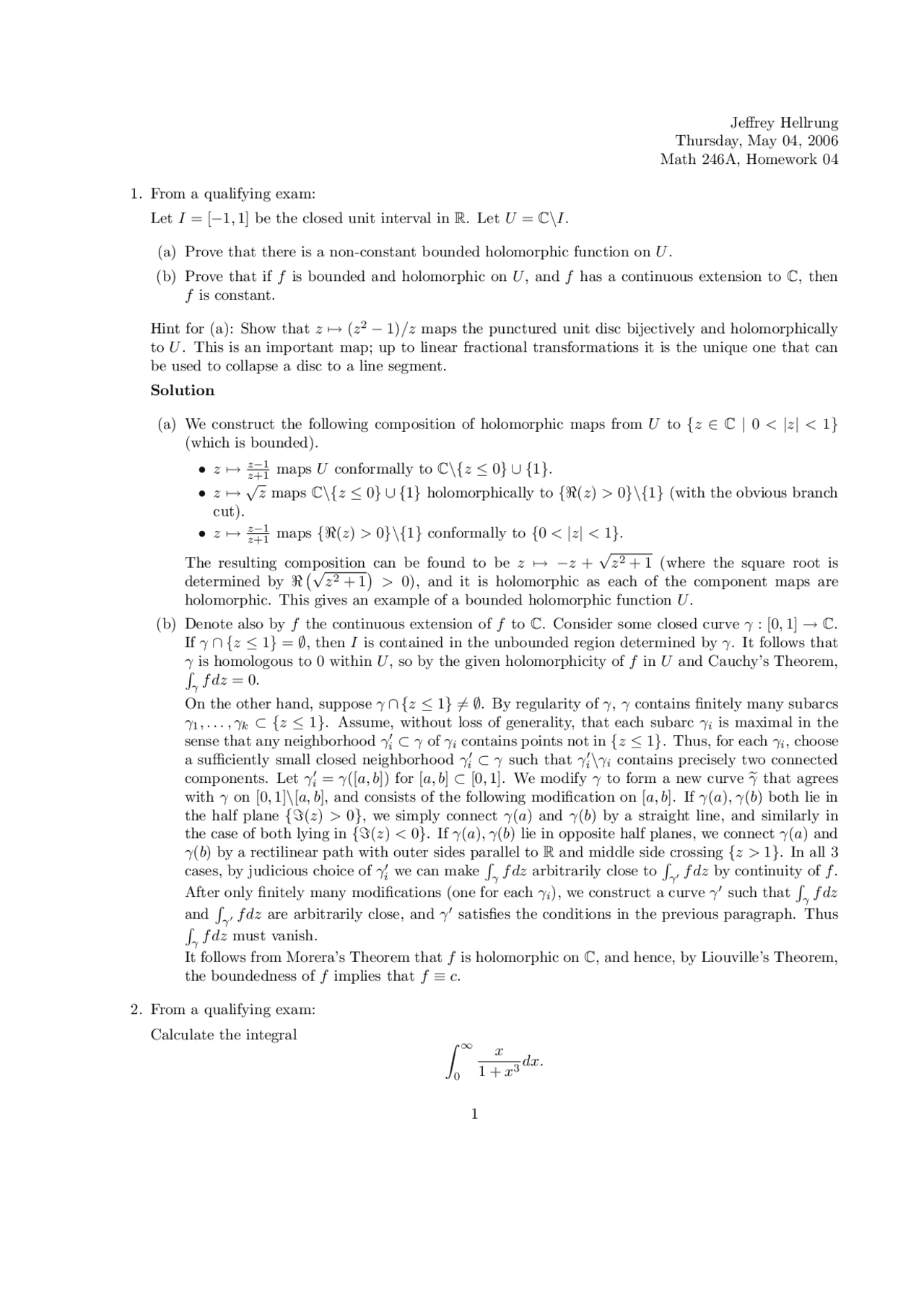 Homework IV with Answers - Complex Analysis | MATH 246A - Docsity
