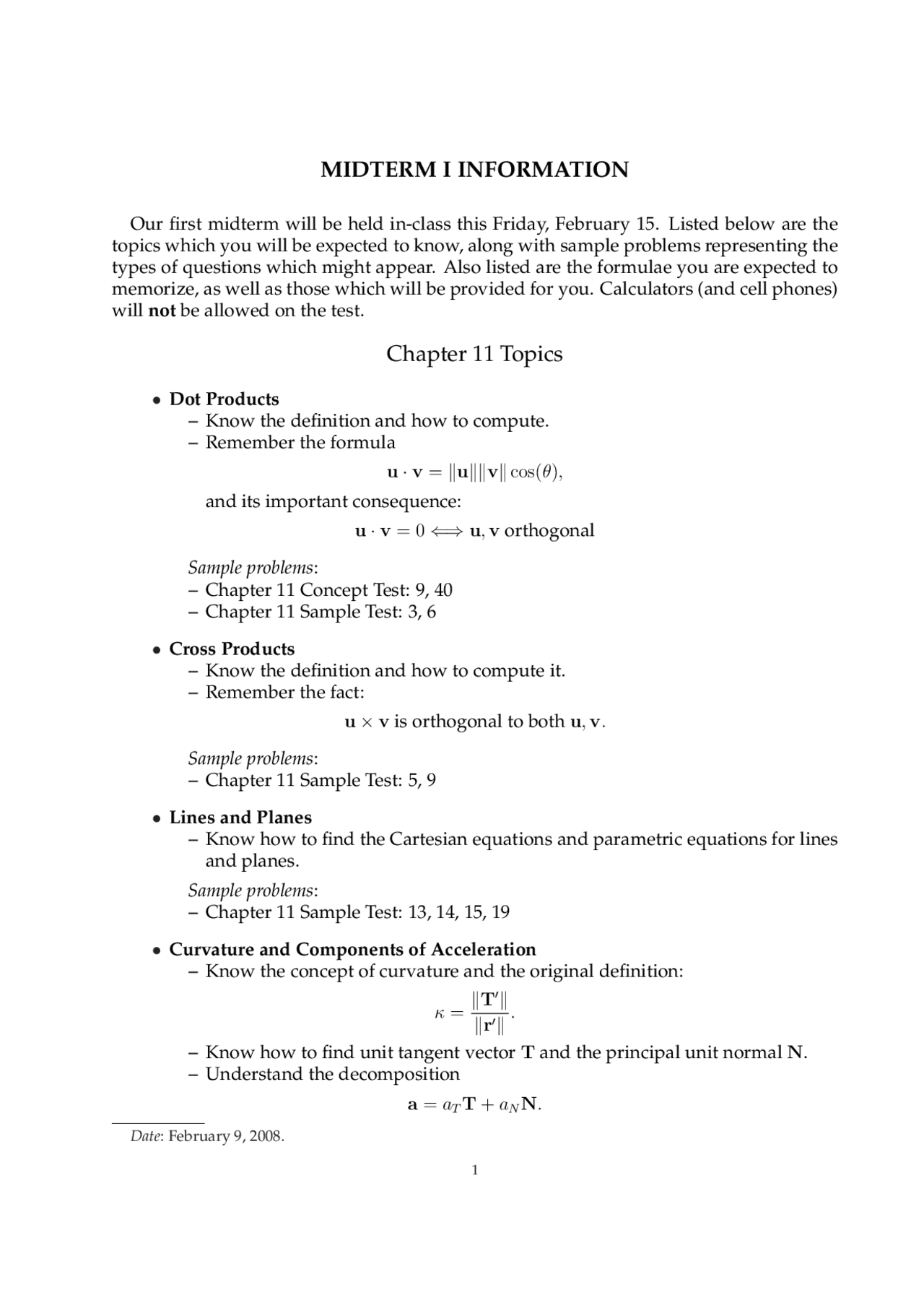 Calculus III Midterm 1 Study Guide, Chapters Outline | MATH 2210 - Docsity