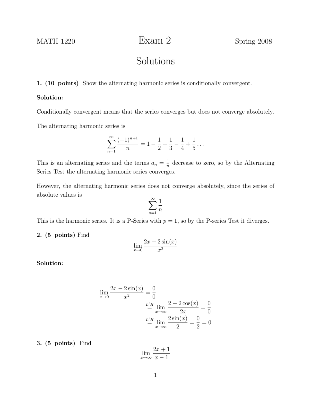 Past Examination 2 with Answers - Calculus II | MATH 1220 - Docsity