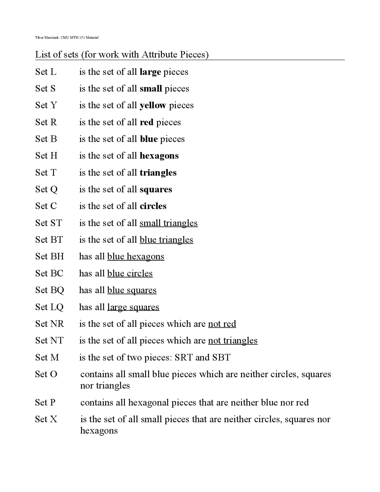 Examples of Sets - Math for Elementary Teachers I - Handout | MTH 151 ...