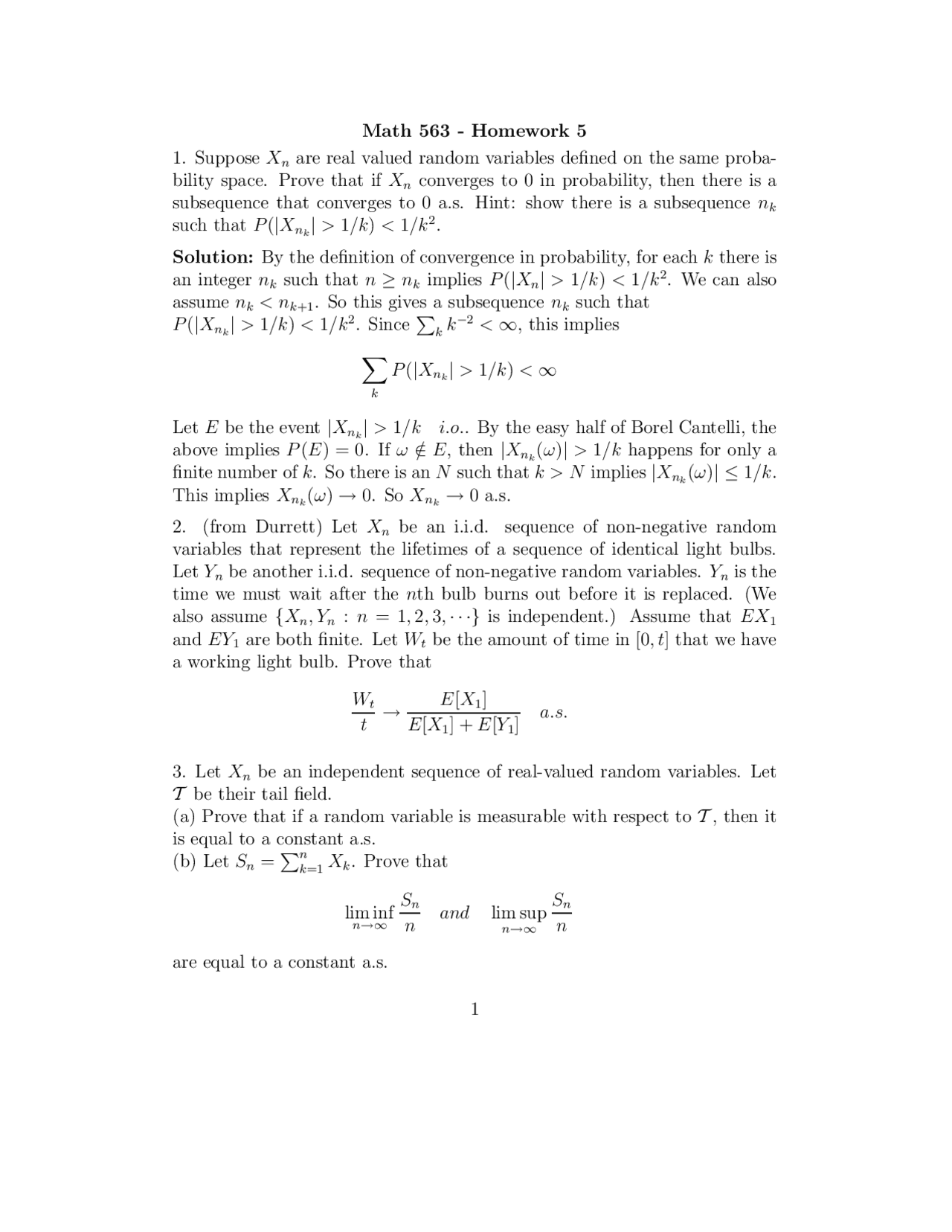 Homework 5 with Solution Key for Probability Theory | MATH 563 - Docsity