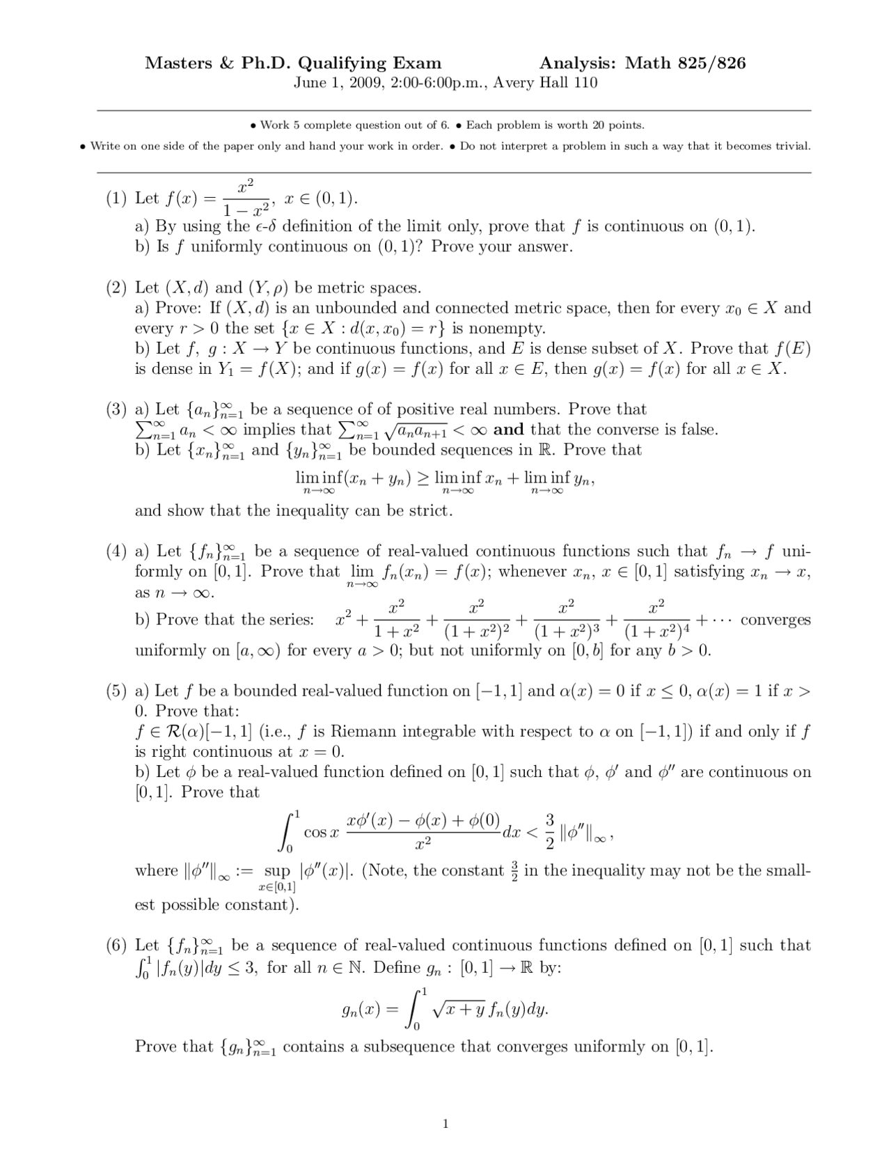 Masters & Ph.D. Qualifying Exam: Analysis - Math 825/826 | Exams ...