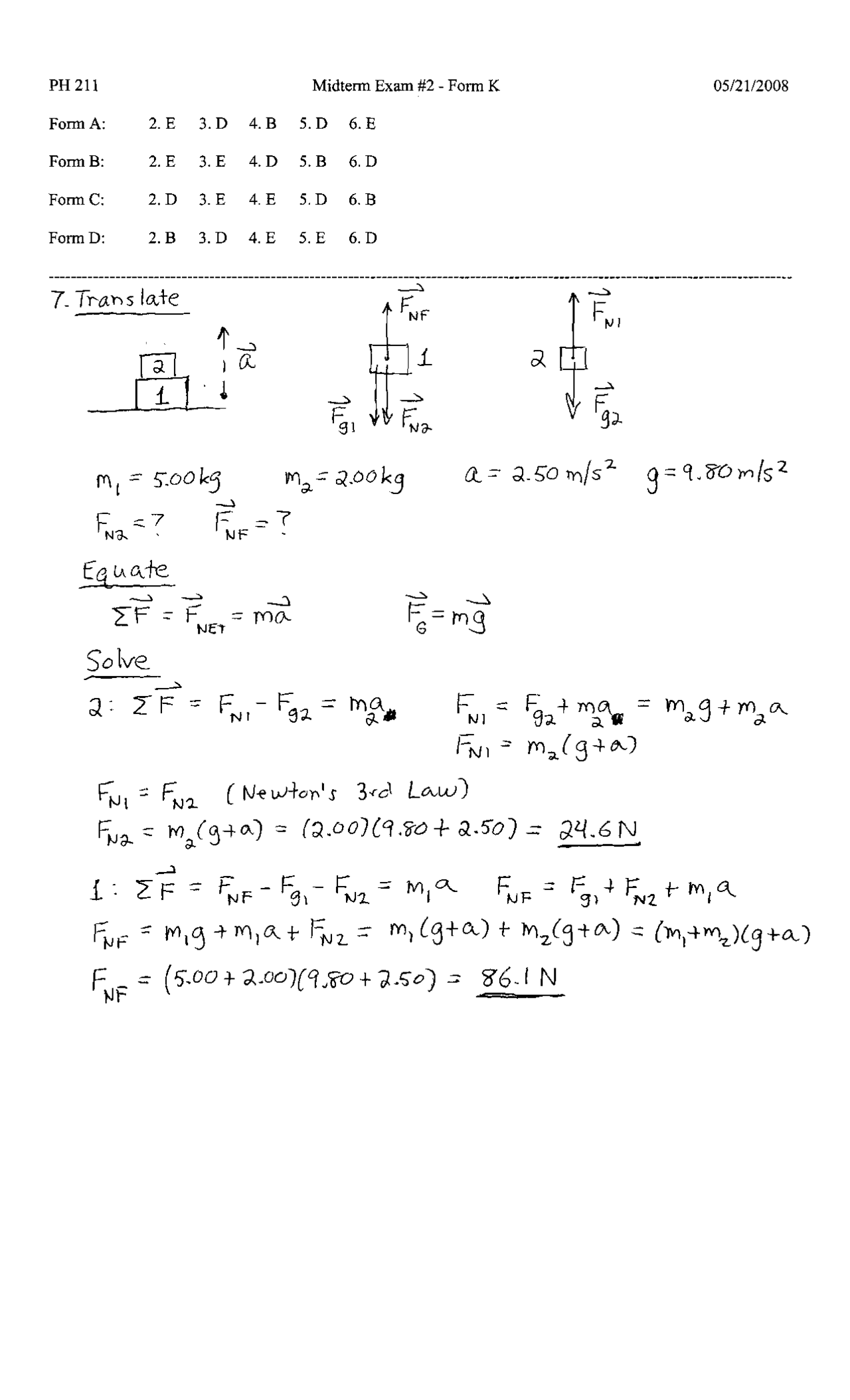Solved Problems on Newton's Third Law - Midterm Exam 2 | PH 211 - Docsity