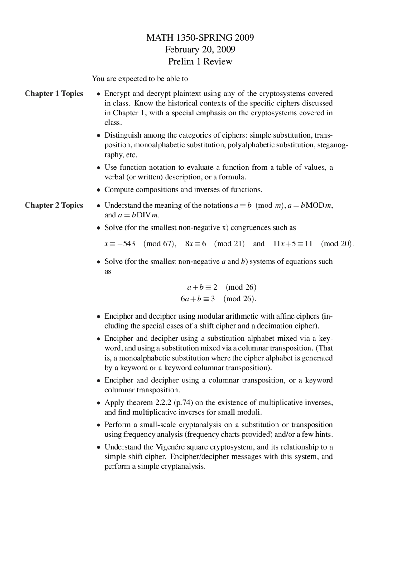 MATH 1350 Spring 2009 Prelim 1 Review: Cryptography and Number Theory ...