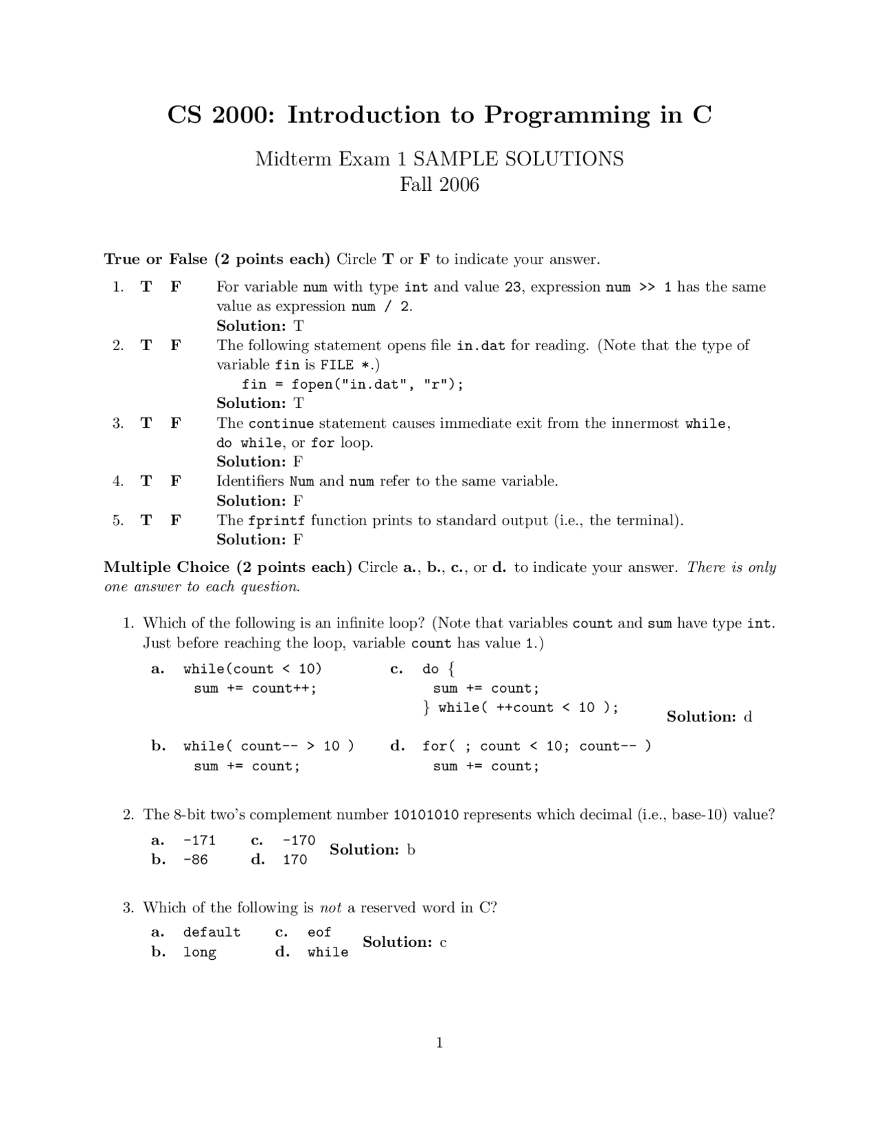 Midterm Exam 1 Sample Solutions - Programming Design C | CS 2000 - Docsity