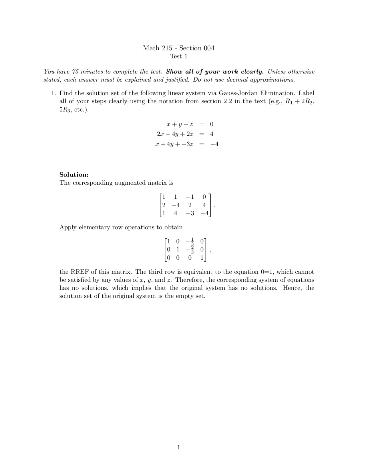 Matrix, Exam 1 Questions with Solution - Introduction to Linear Algebra ...