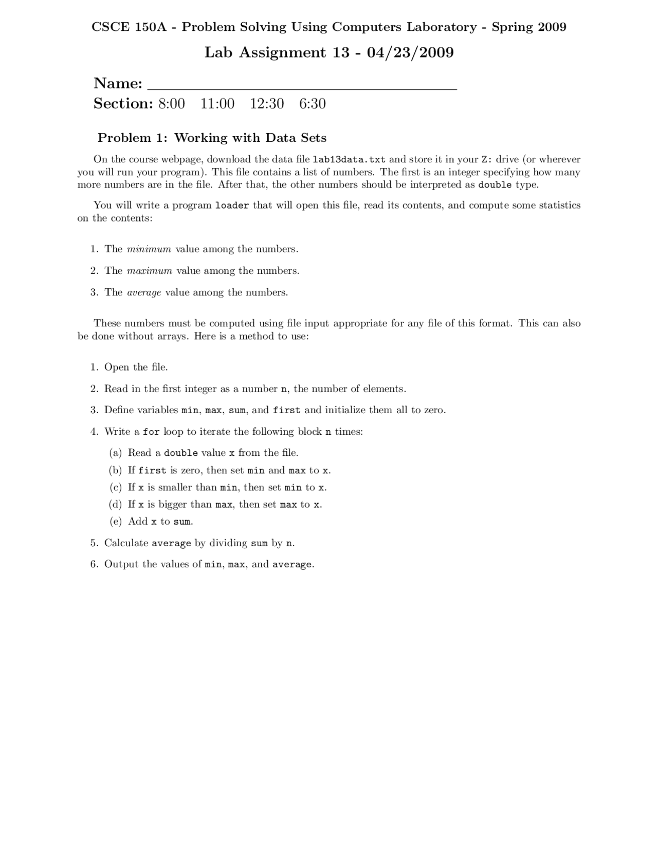Lab Assignment 13 on Problem Solving: Computer | CSCE 150A - Docsity