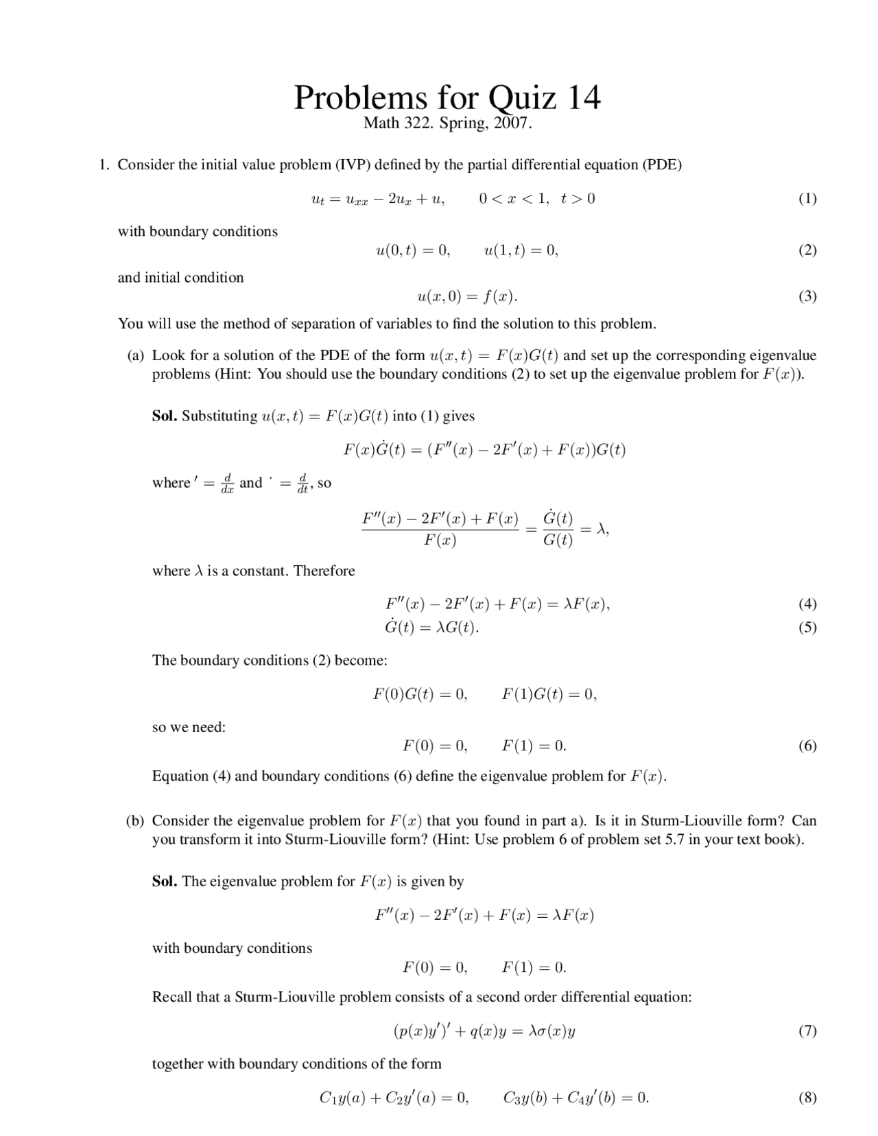 Problems For Quiz 14 Mathematical Analysis For Engineers Math 322 Docsity