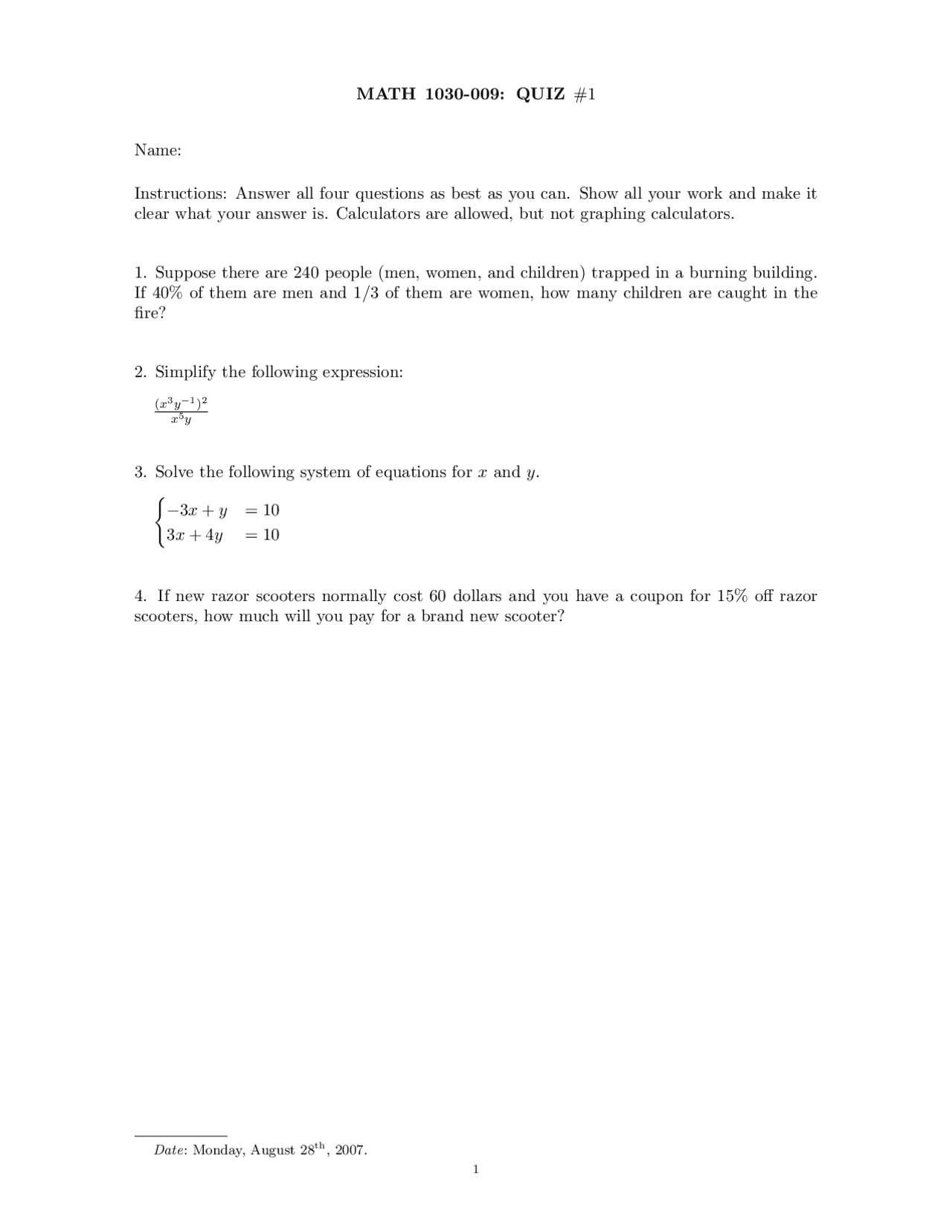 Quiz 1 for Introduction to Quantitative Reasoning | MATH 1030 - Docsity