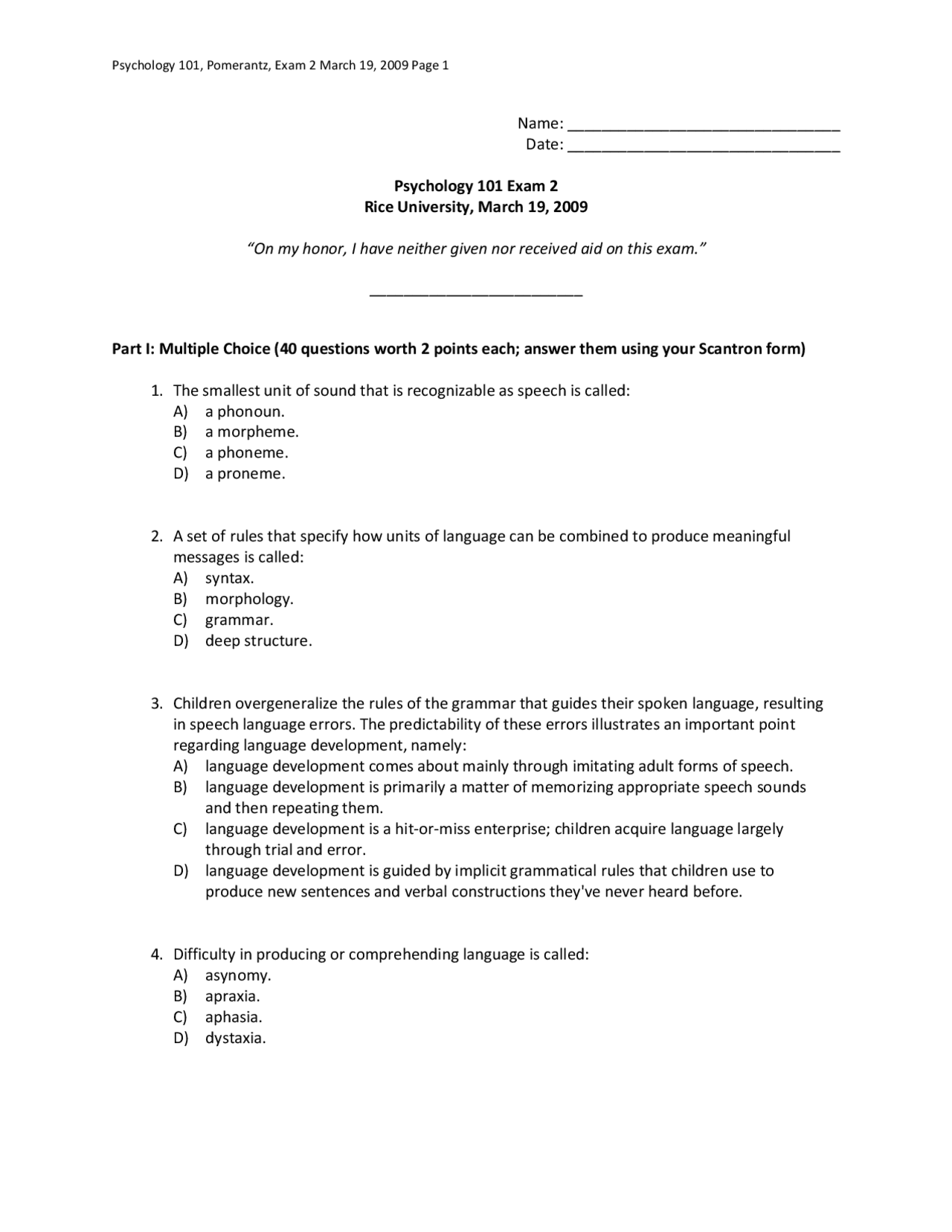 Introduction to Psychology - Old Exam 2009 | PSYC 101 - Docsity