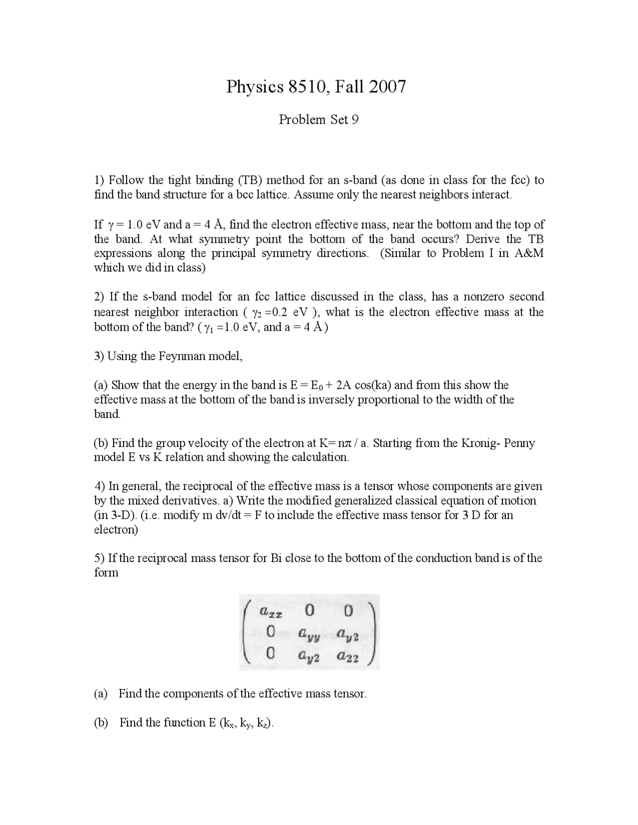Problem Set For Solid State Physics Phys 8510 Docsity